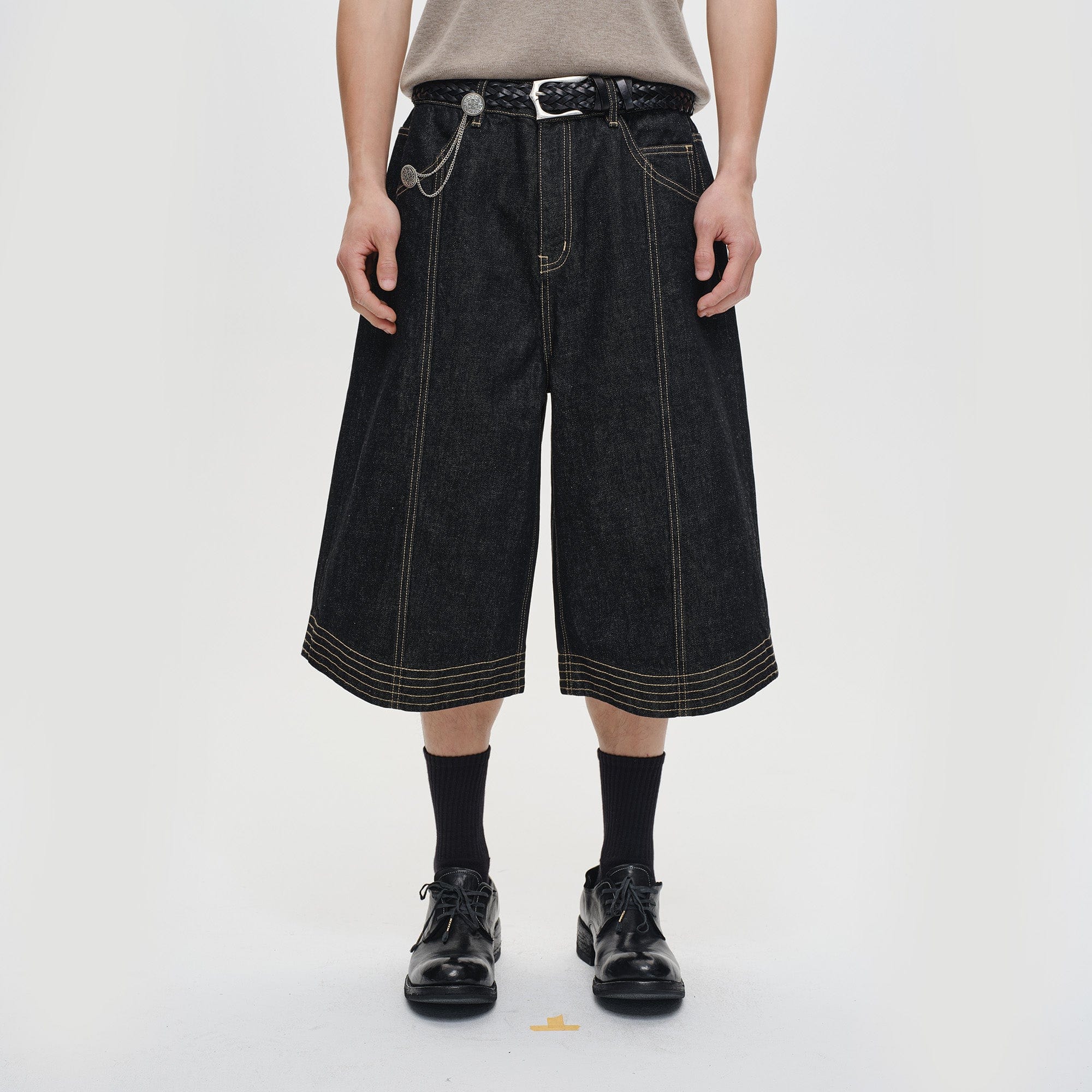 CATSSTAC Contrast Stitch Middle Spliced Raw Denim Jeans-Shorts-M-Free Shipping Leatheretro