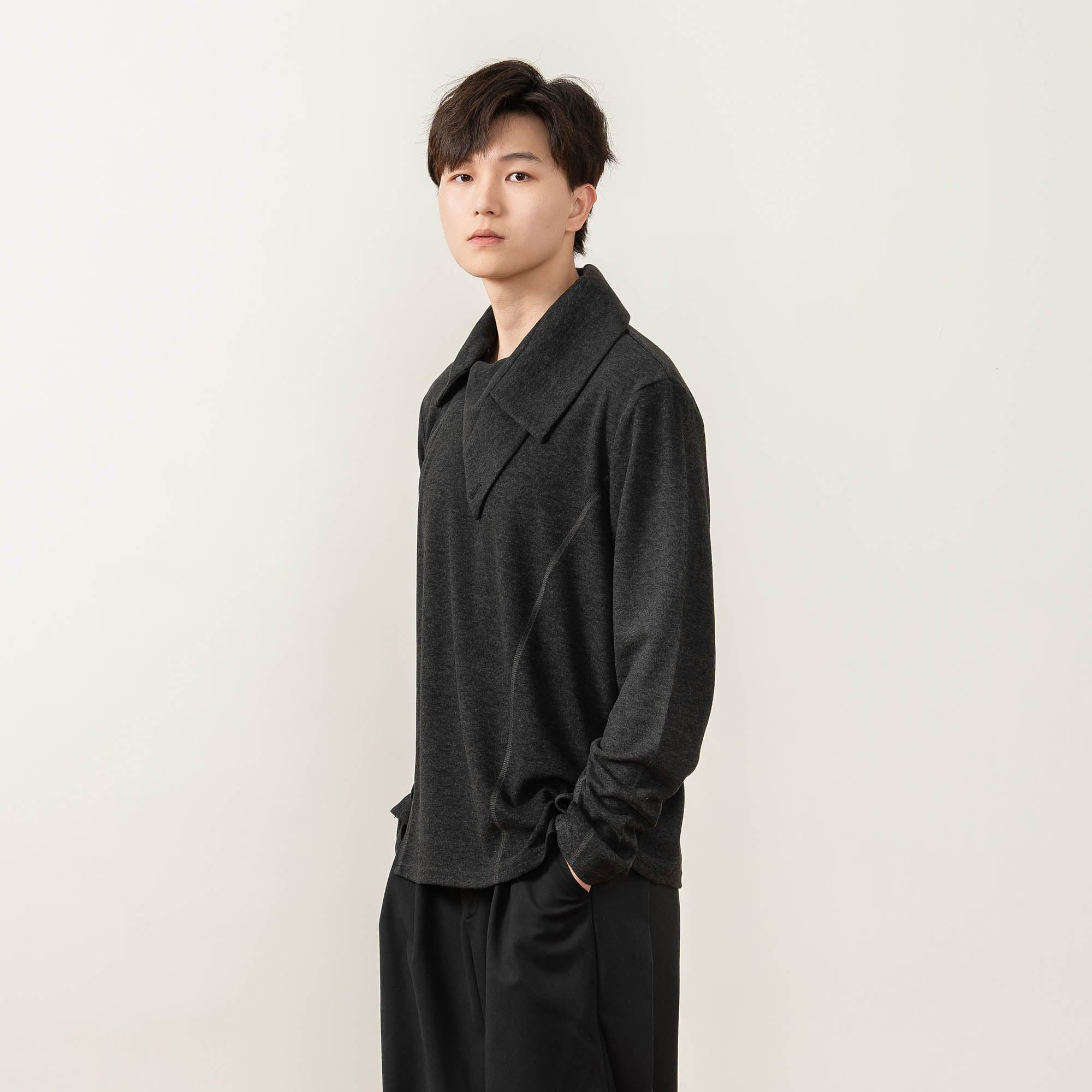 MOITIEDEPETALE Asymmetrical Collar Stitch Spliced Pullover-L/S Tee-XS-Free Shipping Leatheretro