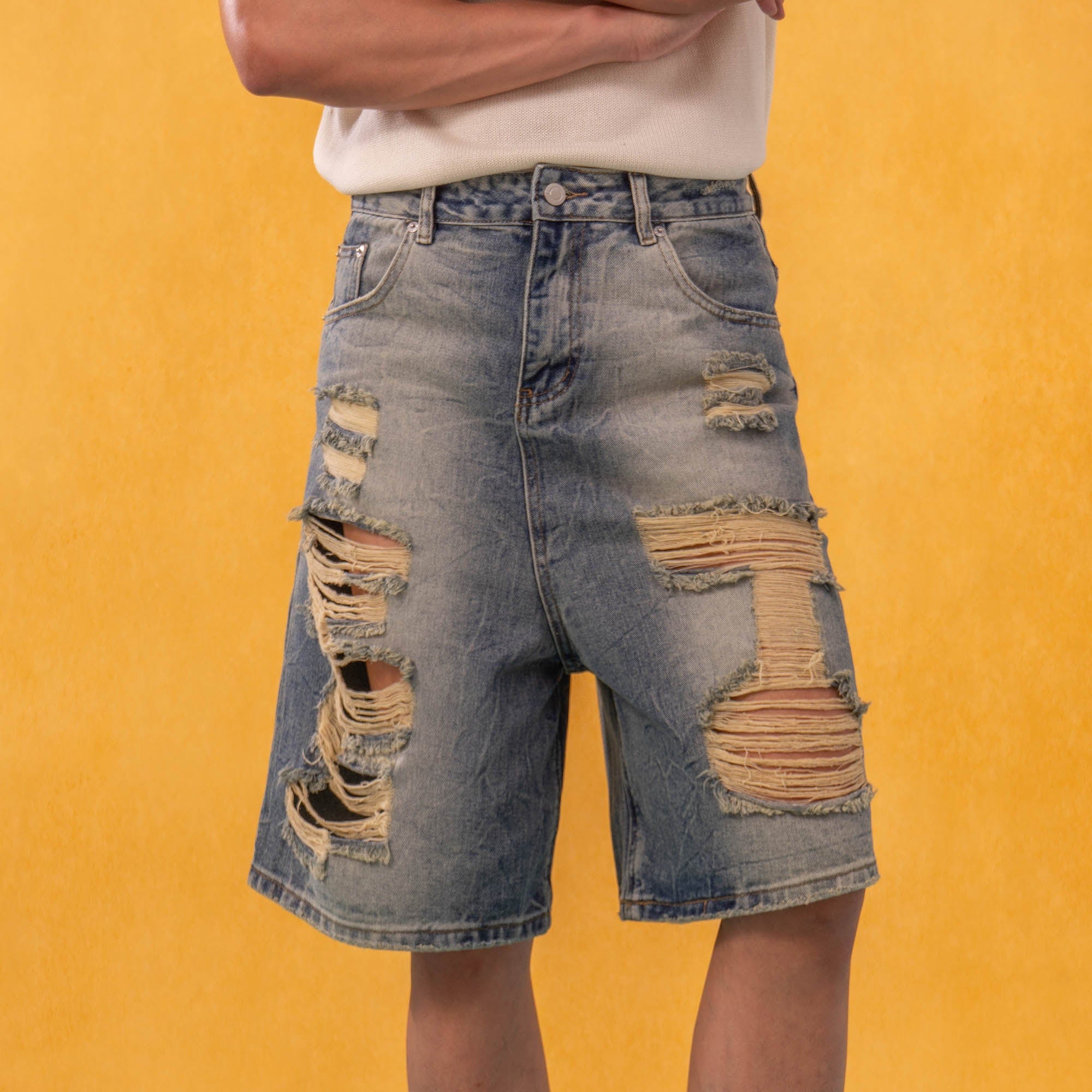 CLP Destroyed Frayed Washed Denim Shorts-Shorts-M-Free Shipping Leatheretro