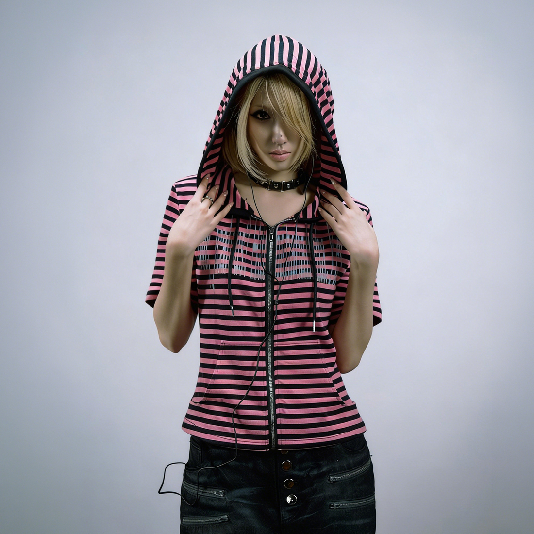 PAIKI Stripe Slogan Hooded Short-Sleeve Jacket-T Shirt-S-Black-Free Shipping Leatheretro