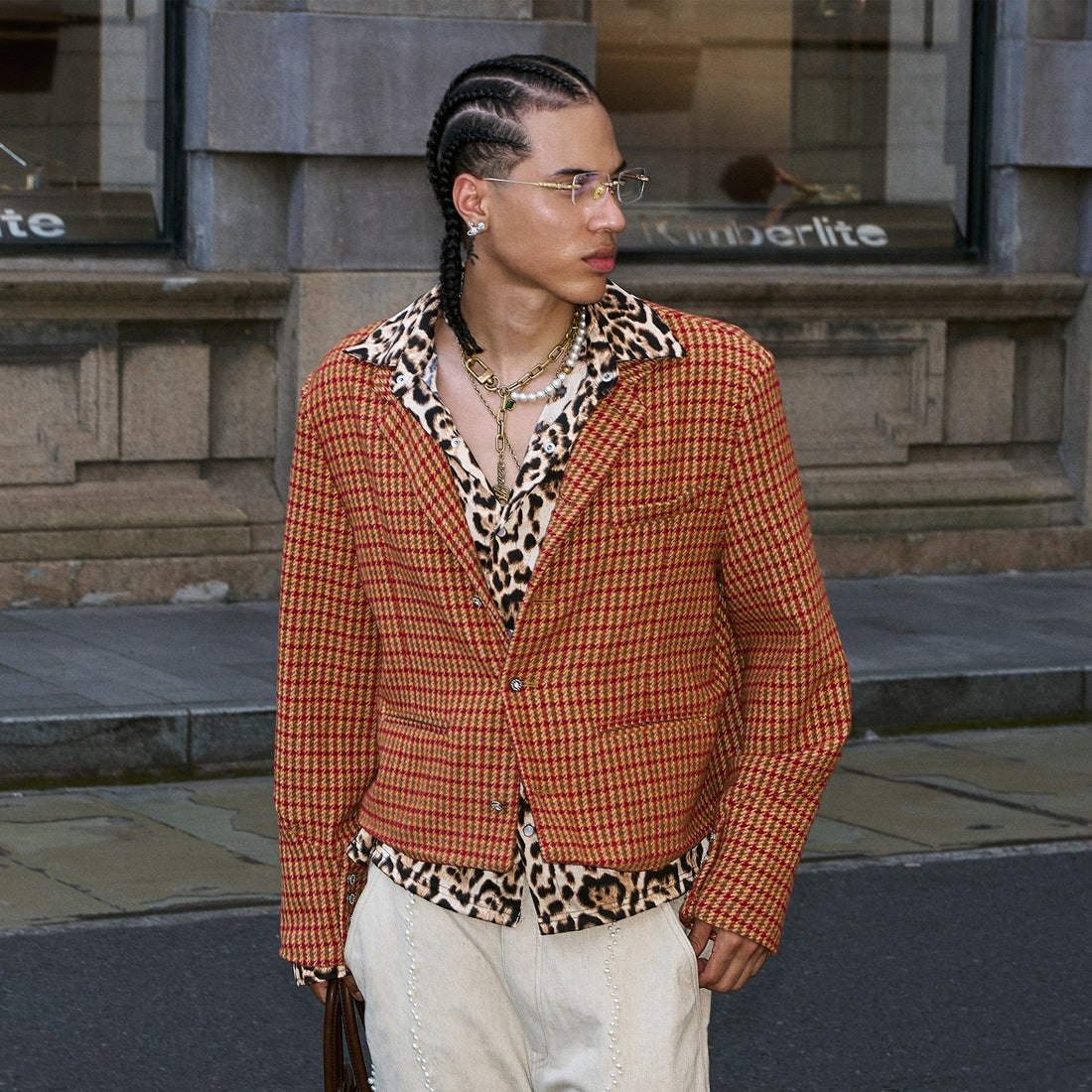 STEEPC Houndstooth Wool-Blend Stand-Collar Boxy Blazer-Jacket-S (1)-Free Shipping Leatheretro