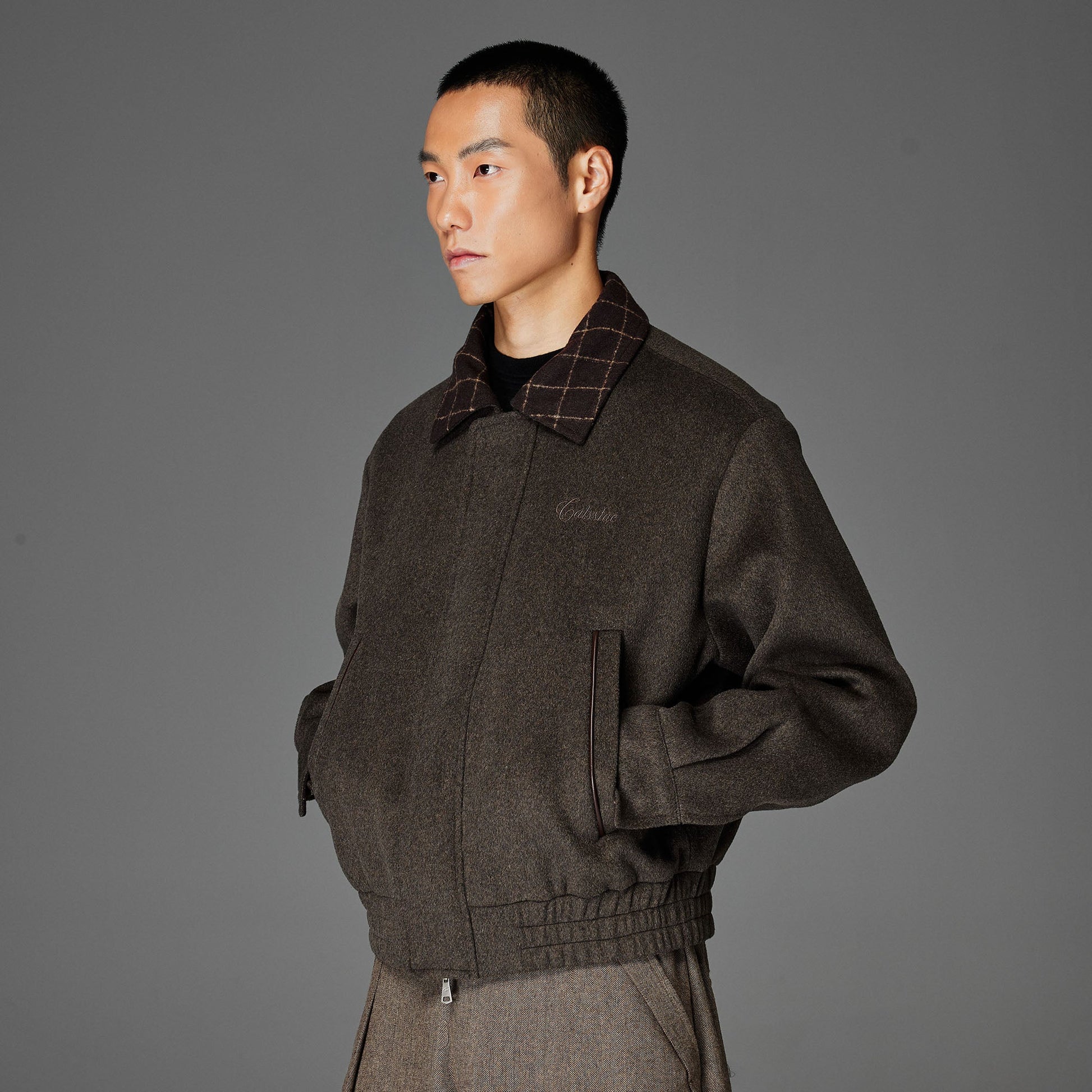 CATSSTAC Wool-Blend Plaid-Collar Bomber Jacket-Jacket-M-Gray-Free Shipping Leatheretro