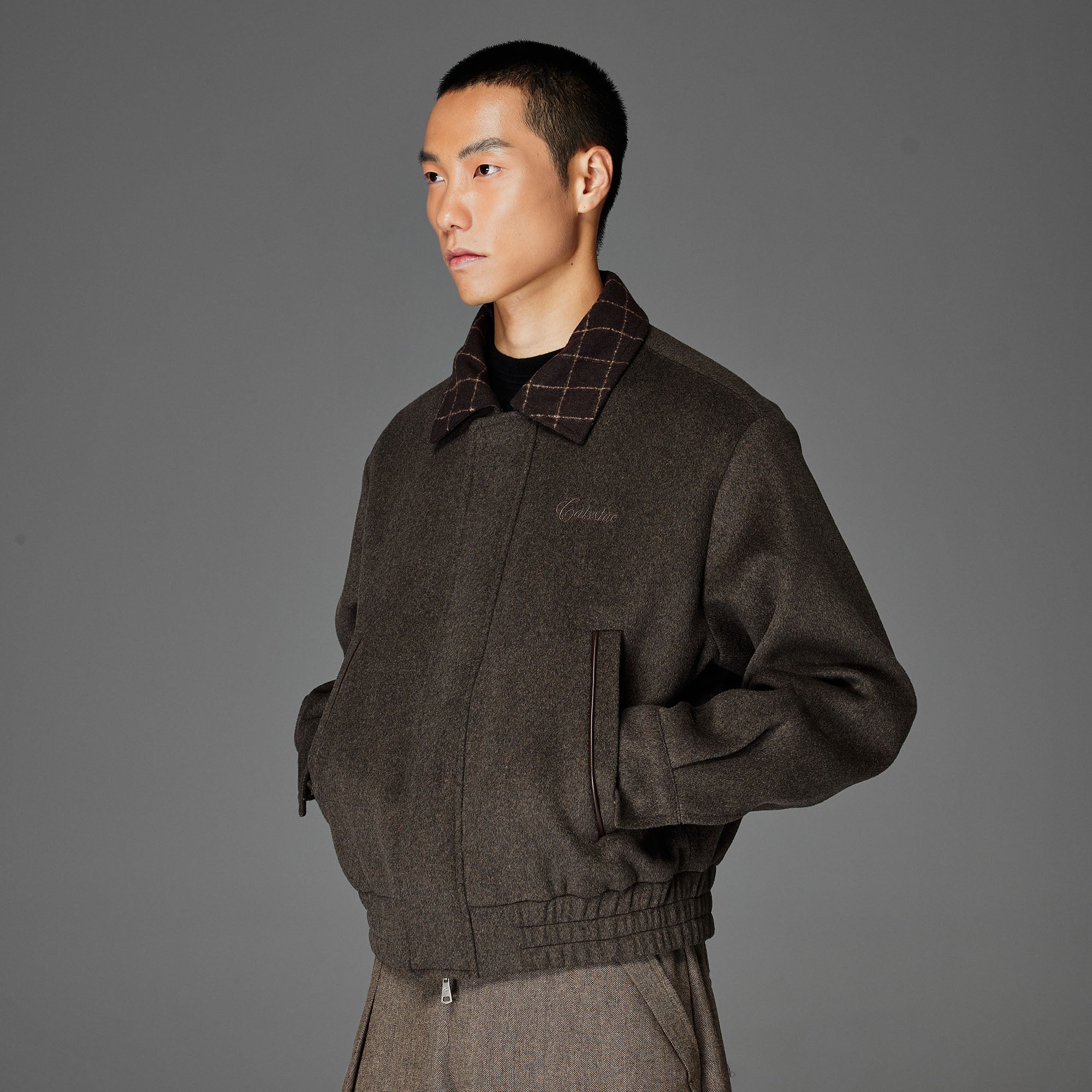 CATSSTAC Wool-Blend Plaid-Collar Bomber Jacket-Jacket-M-Gray-Free Shipping Leatheretro