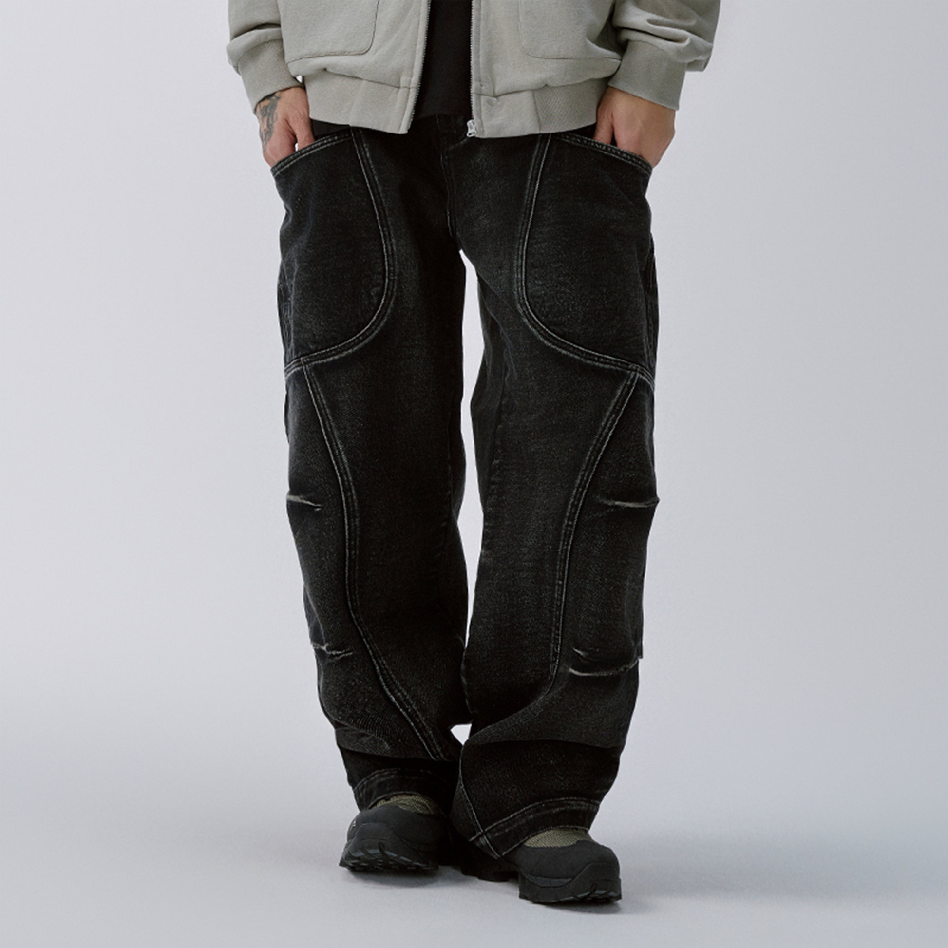 F2CE Washed Deconstructed Oversized Denim Cargo Pants-Pants-S-Free Shipping Leatheretro