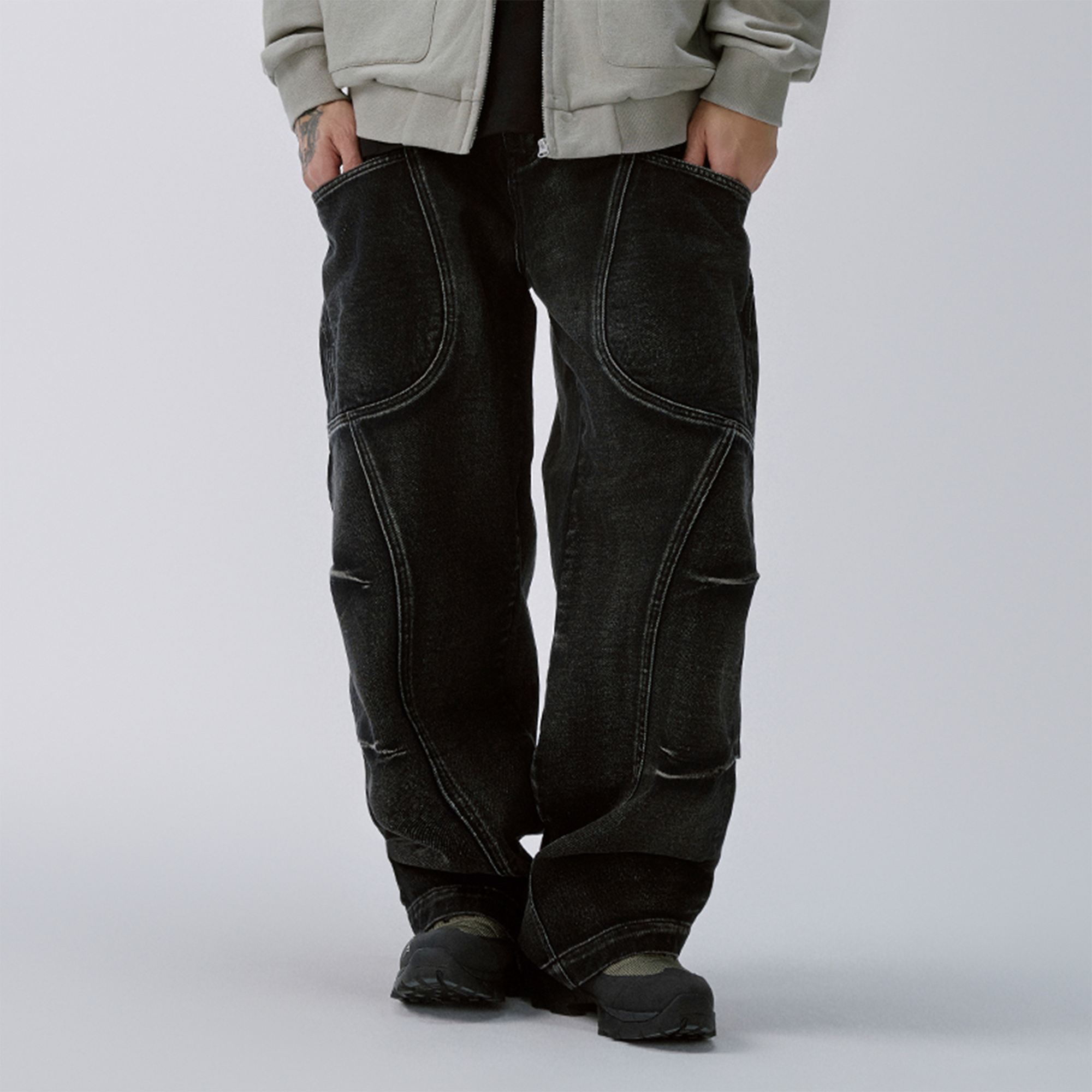 F2CE Washed Deconstructed Oversized Denim Cargo Pants-Pants-S-Free Shipping Leatheretro