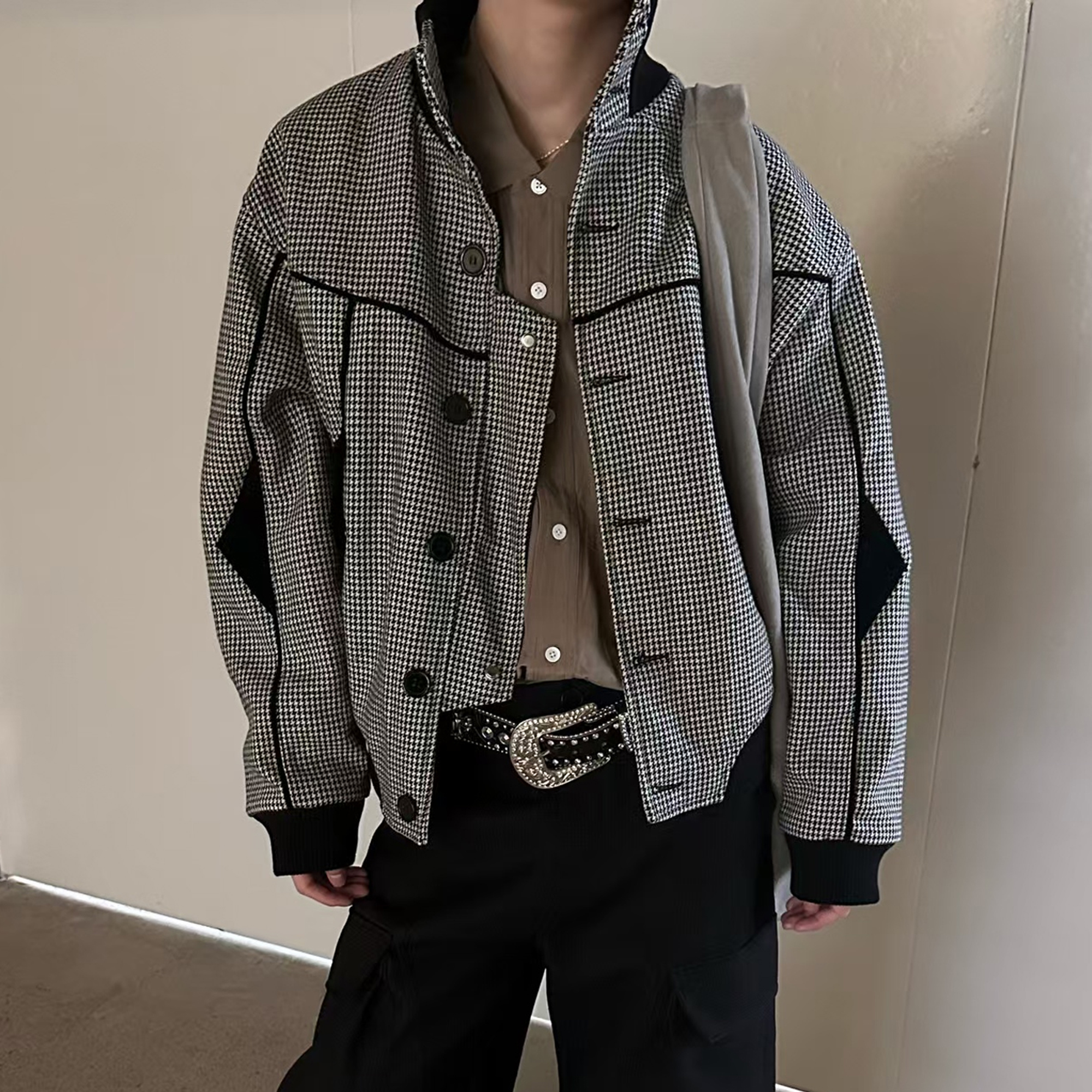 ESAIAS Houndstooth Panel Stand Collar Wool-Blend Jacket-Jacket-S-Free Shipping Leatheretro