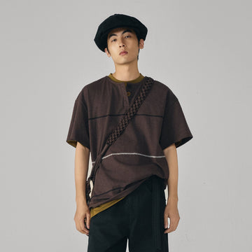 GONGHE REPUB Retro Chain Embroidered Henley T-Shirt-T Shirt-S-Free Shipping Leatheretro