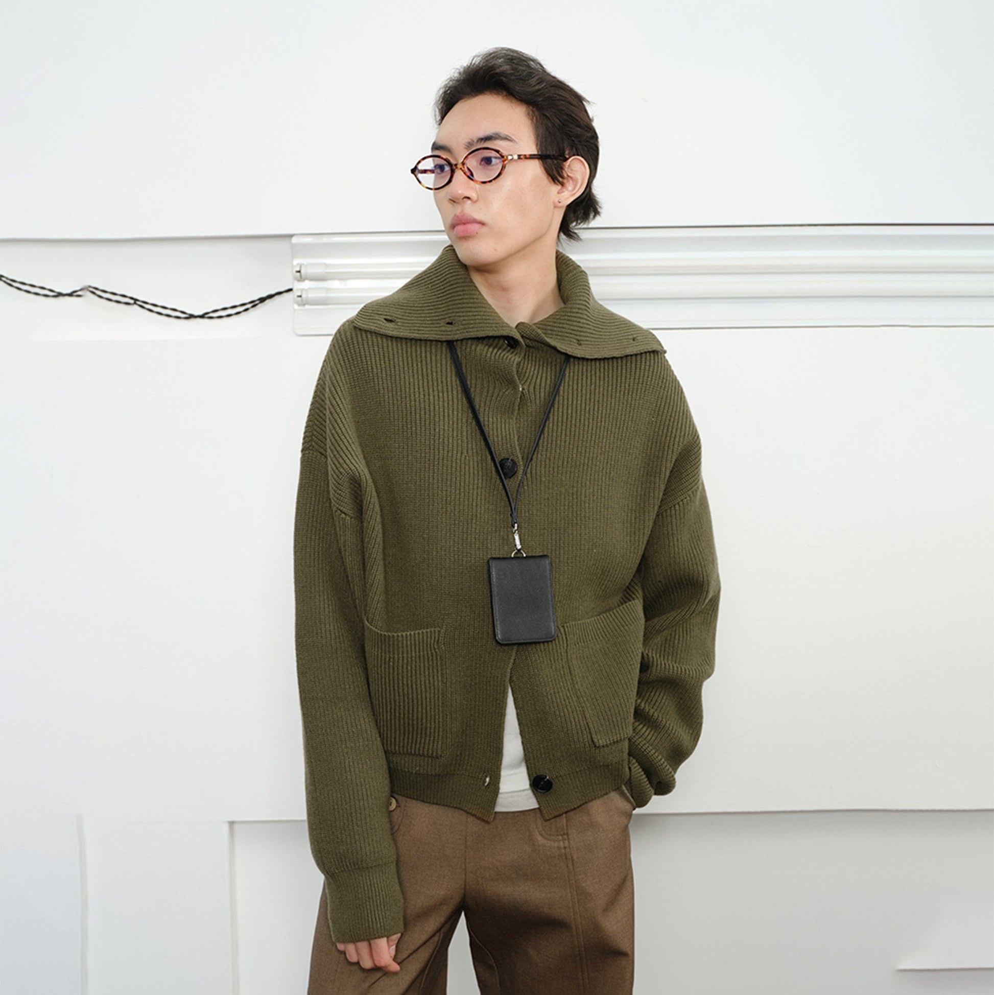 KREATE High-Collar Big-Pocket Button-Up Knitted Jacket-Jacket-S-Green-Free Shipping Leatheretro