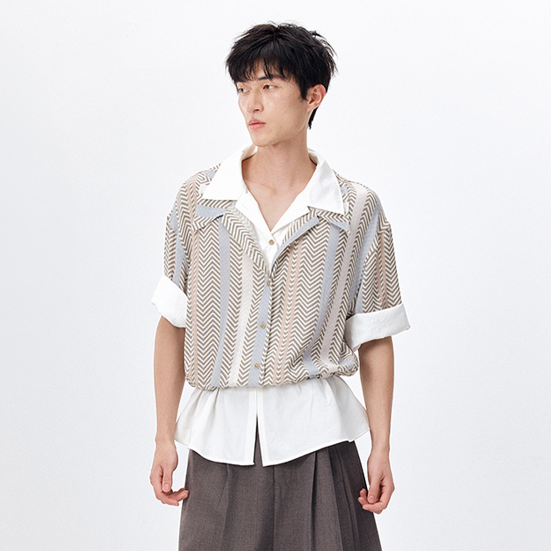 TUIMU Layered Camp Collar Striped Shirt-Half shirt-S (Preorder)-Free Shipping Leatheretro