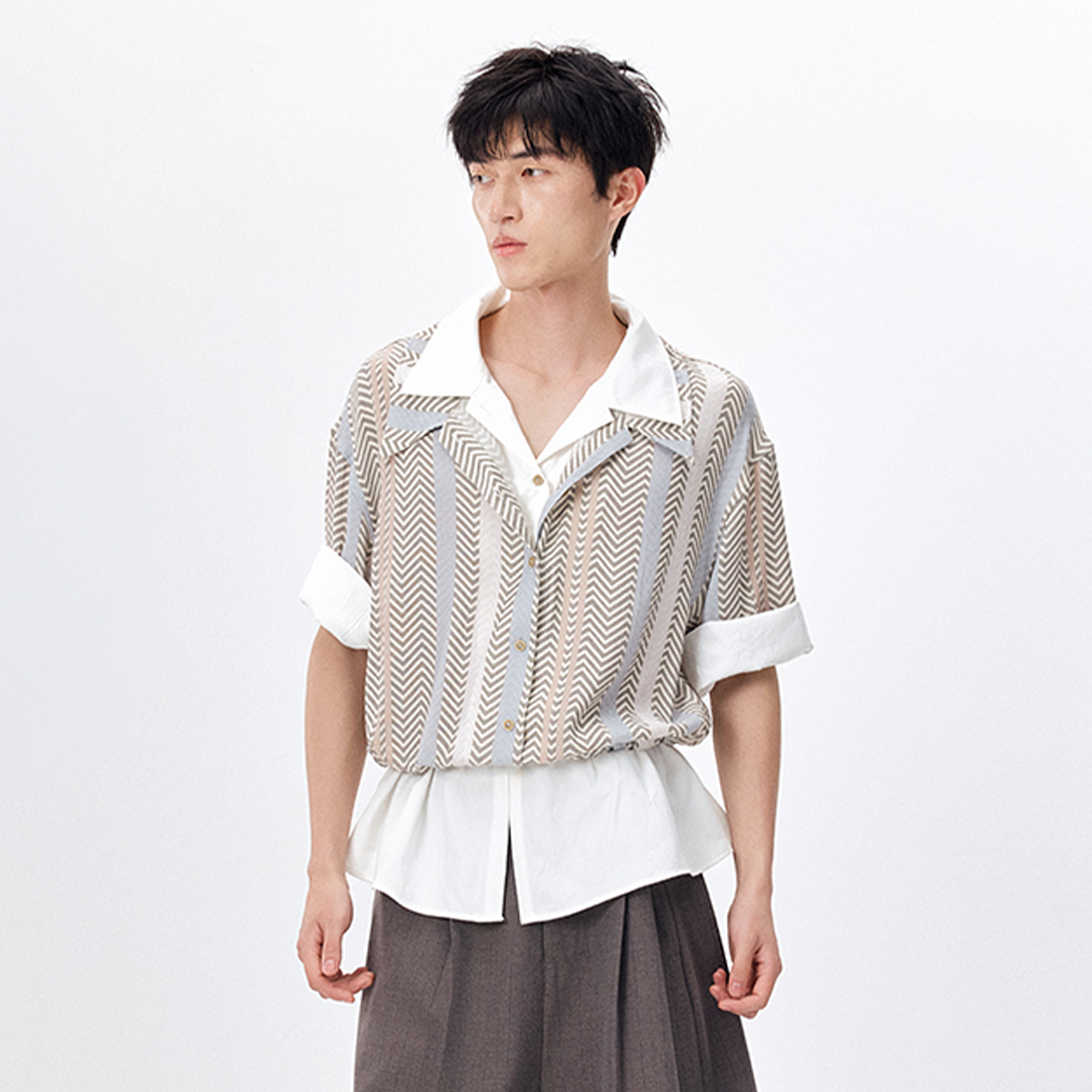 TUIMU Layered Camp Collar Striped Shirt-Half shirt-S (Preorder)-Free Shipping Leatheretro