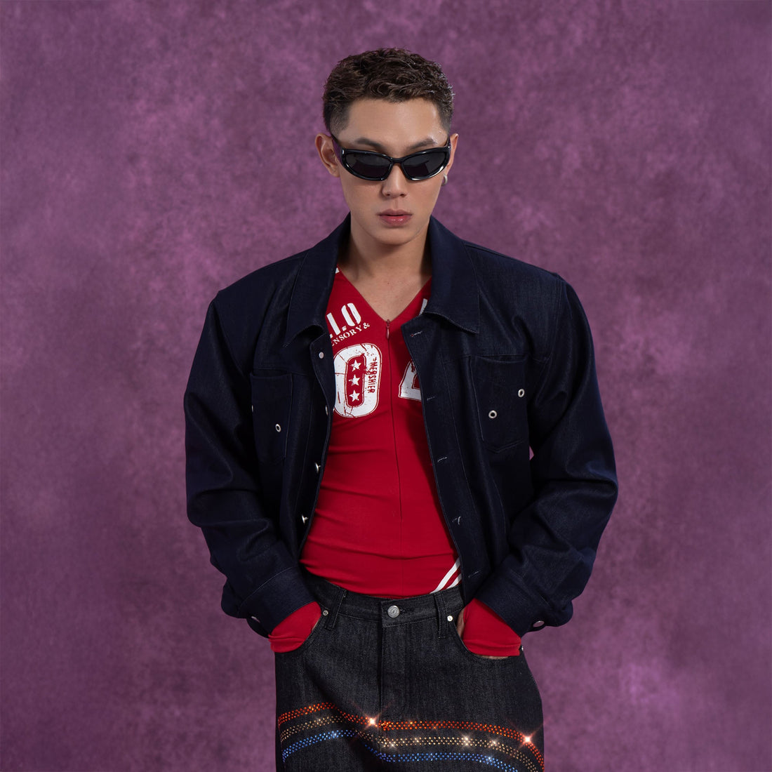 CLP Cropped Shoulder Padding Denim Jacket-Jacket-S-Navy-Free Shipping Leatheretro