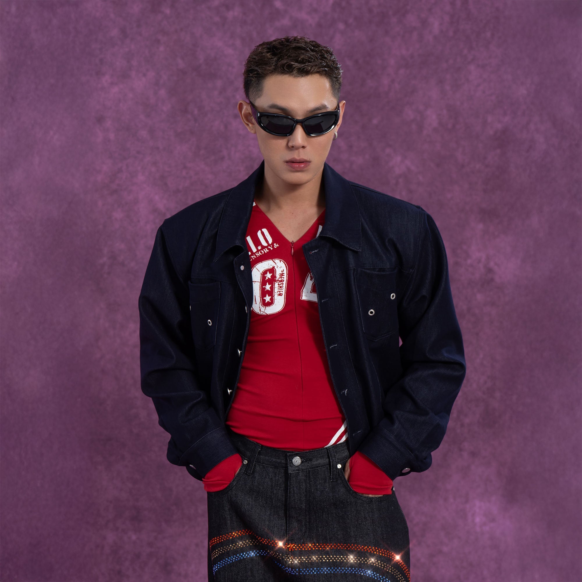 CLP Cropped Shoulder Padding Denim Jacket-Jacket-S-Navy-Free Shipping Leatheretro