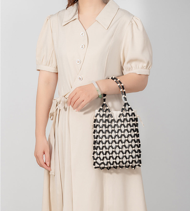 Handwoven Boho Macrame Bag – Elegant Hollow Wood Bead Handbag for Women-ivory white-18*2.5*24CM-Free Shipping Leatheretro