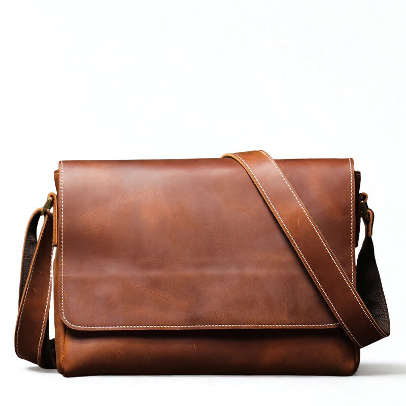 Crazy Horse Leather Messenger Bag - Men's Vintage Flap Crossbody Bags-Messenger Bag-Dark Brown-Free Shipping Leatheretro