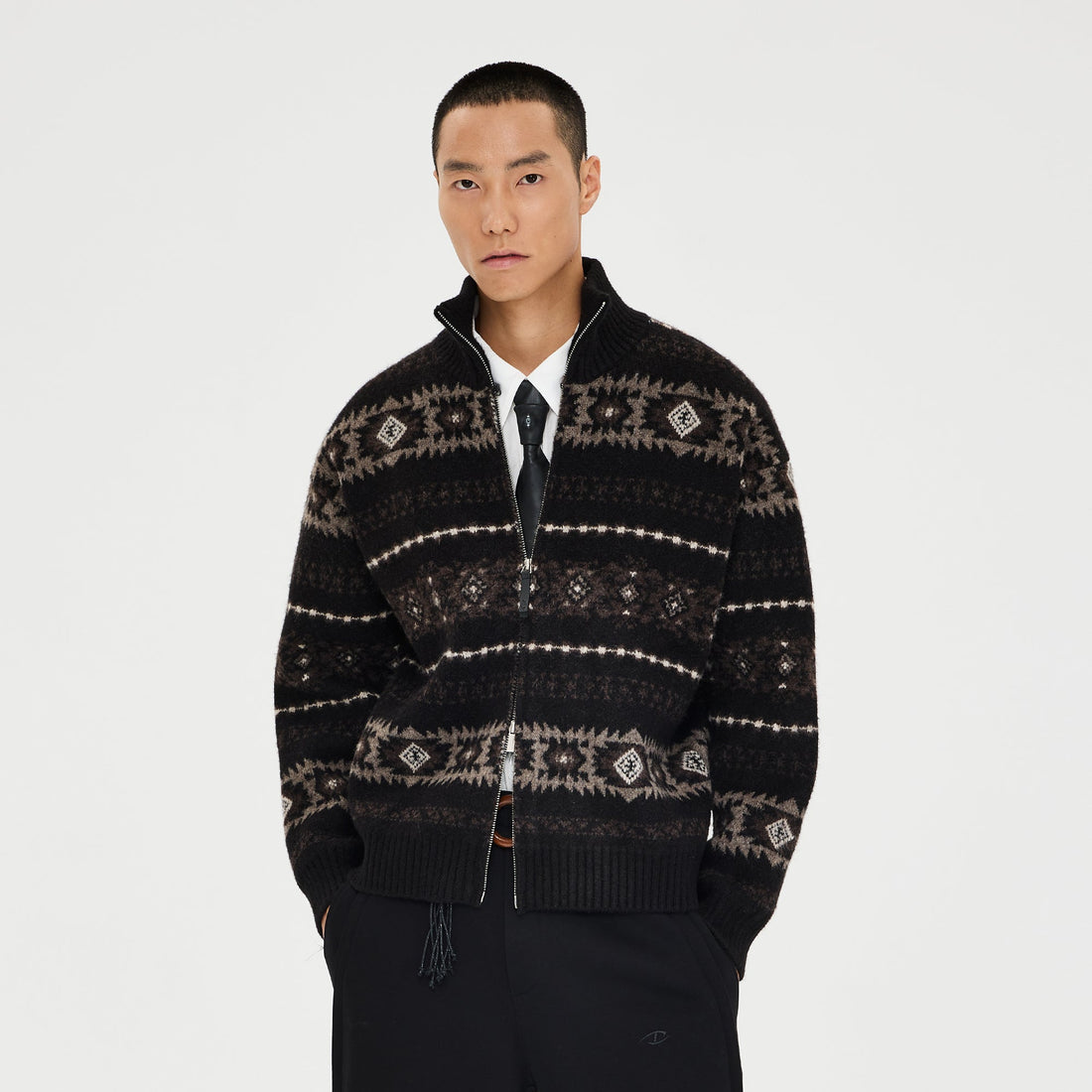 CATSSTAC Geometry Jacquard Zip-Up Cardigan-Jacket-M (Preorder)-Coffee-Free Shipping Leatheretro