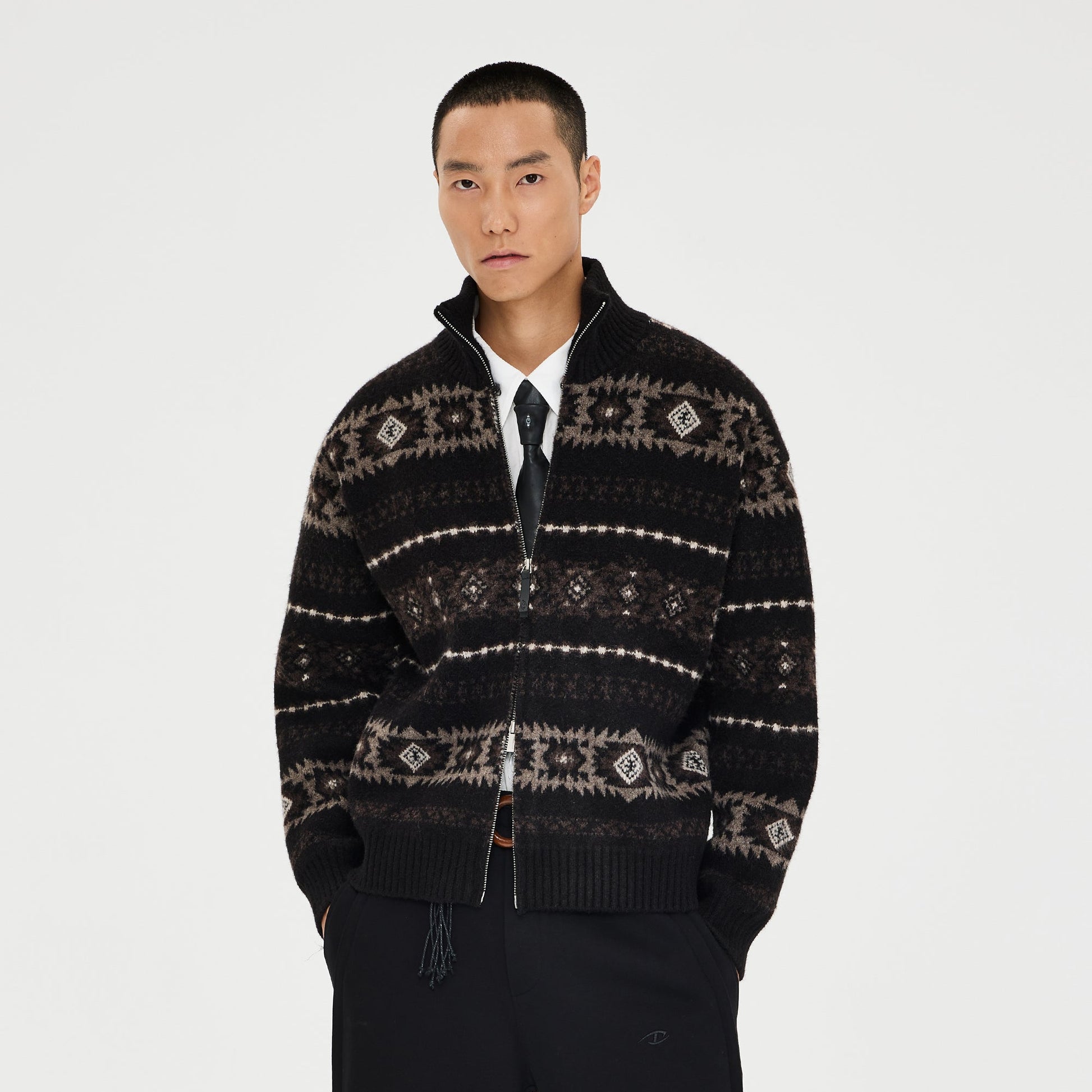 CATSSTAC Geometry Jacquard Zip-Up Cardigan-Jacket-M (Preorder)-Coffee-Free Shipping Leatheretro