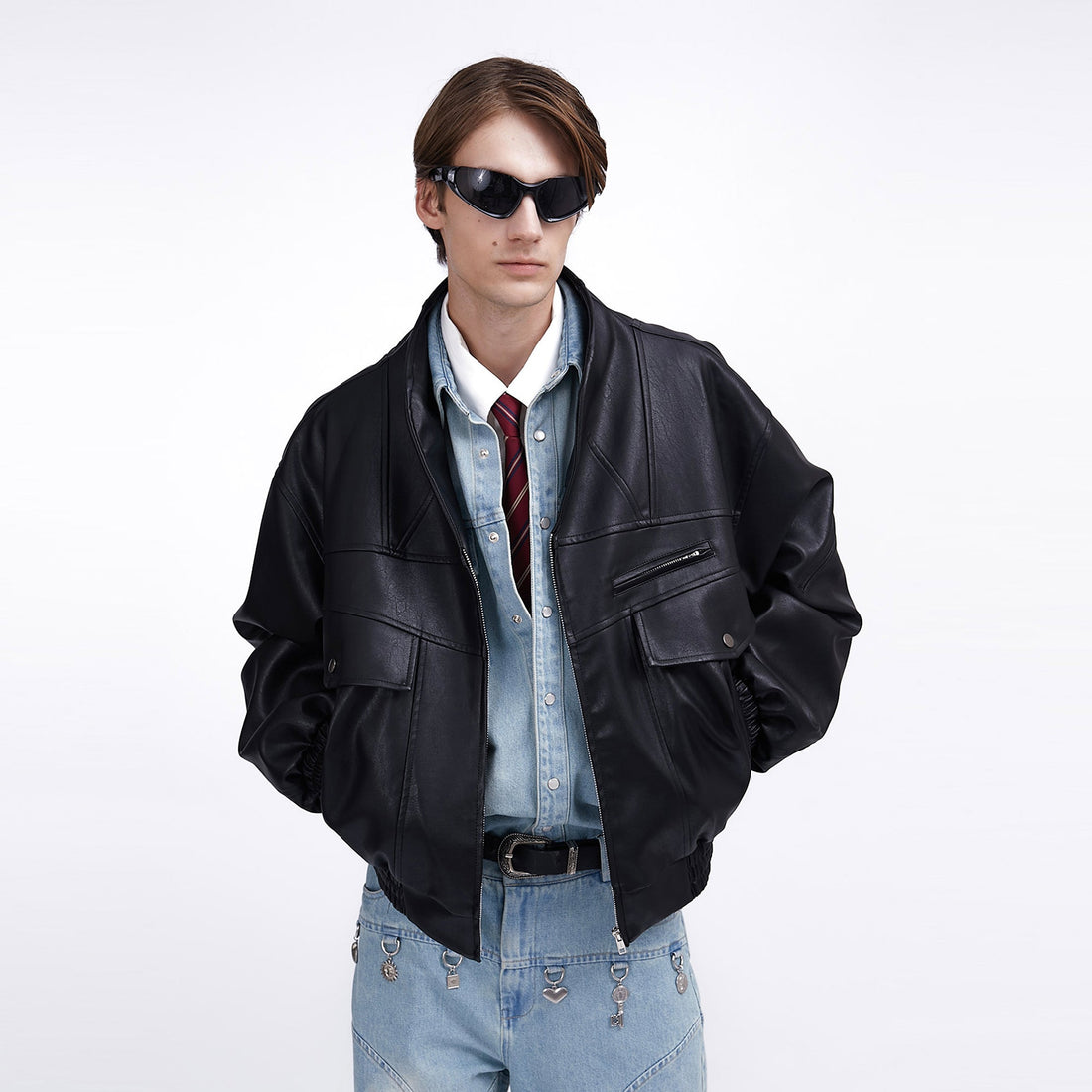 ASSEEN Oversized Paneled Utility Faux Leather Jacket-Jacket-S-Free Shipping Leatheretro