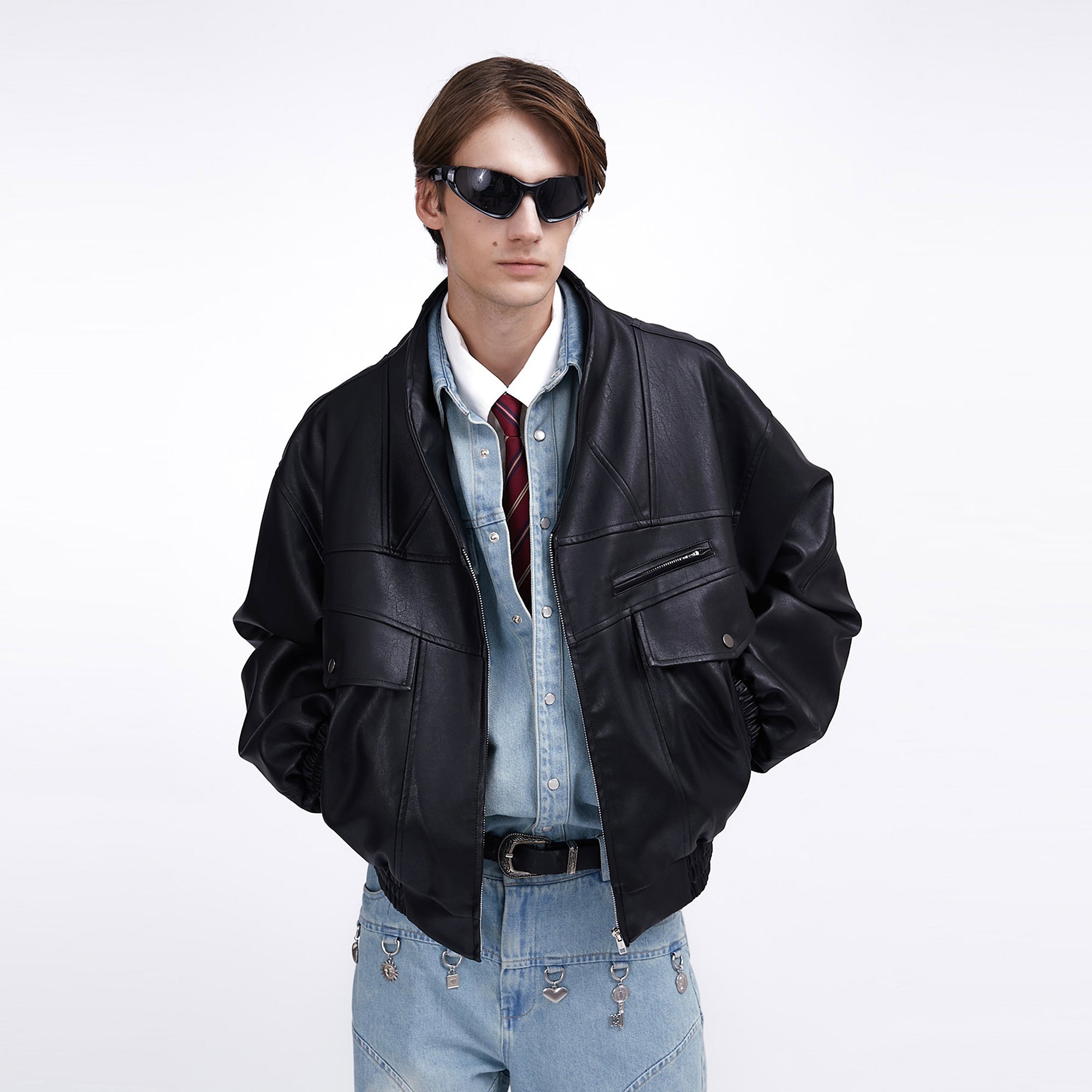 ASSEEN Oversized Paneled Utility Faux Leather Jacket-Jacket-S-Free Shipping Leatheretro