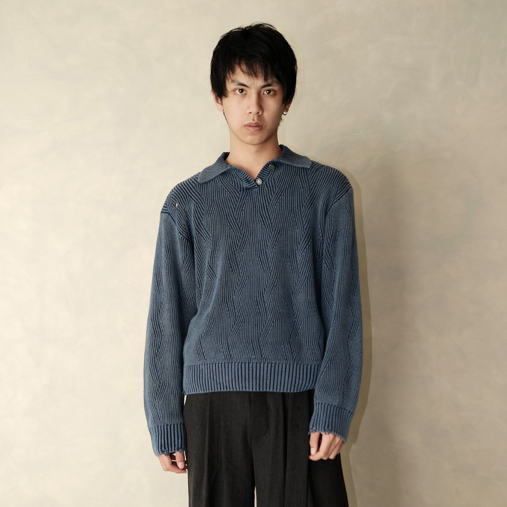 IN EXISTENCE Distressed Chevron Collared Sweater-Sweater-S-Blue-Free Shipping Leatheretro