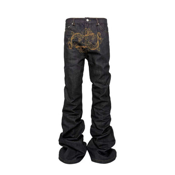 PCCVISION Baroque Embroidered Raw Denim Stacked Jeans-Jeans-XS-Free Shipping Leatheretro