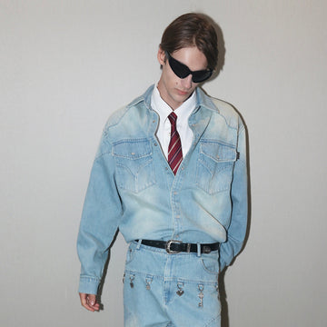 ASSEEN Paneled Washed Western Denim Shirt-Shirt-S-Free Shipping Leatheretro