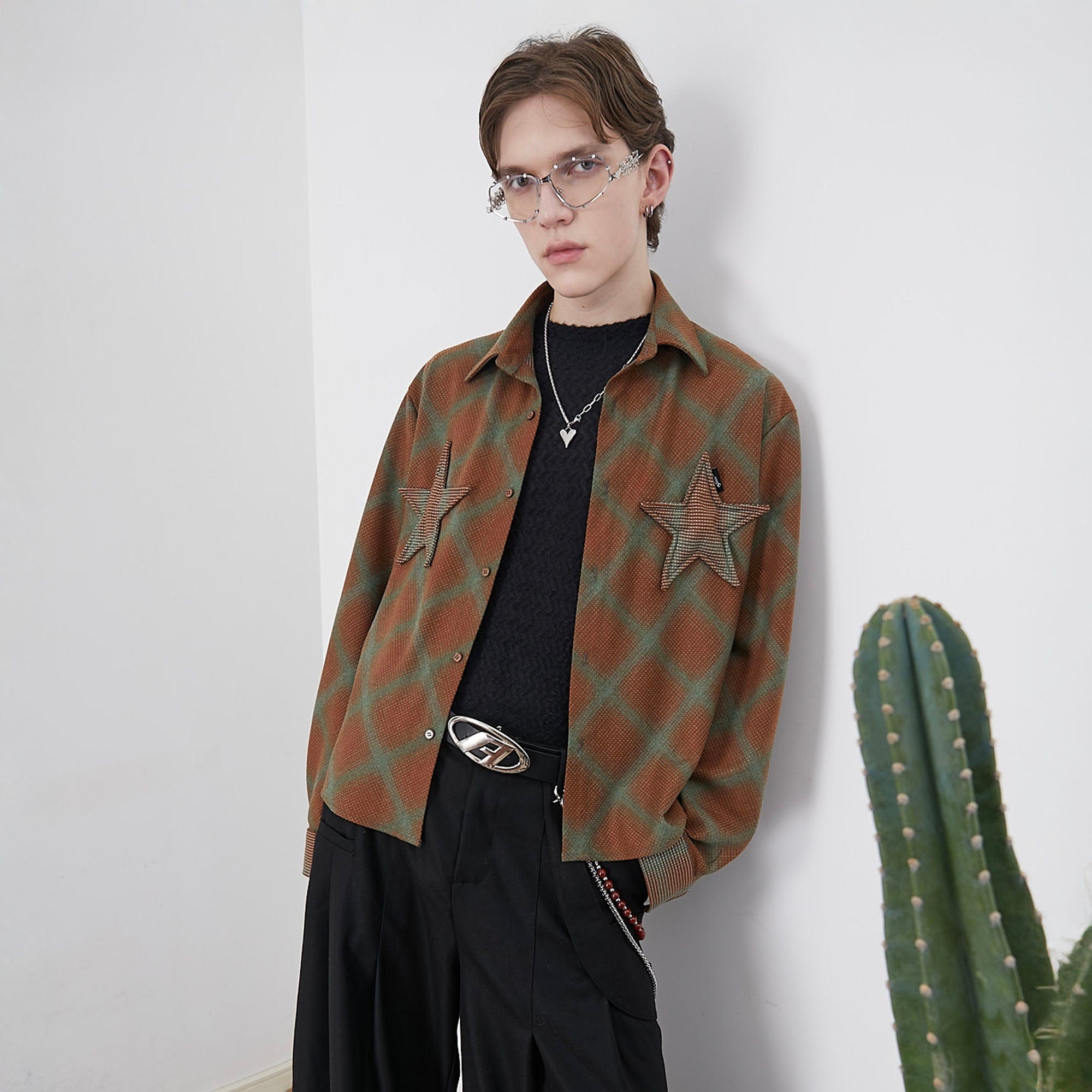 ASSEEN Symmetrical Star Patch Diamond Check Shirt-Shirt-S-Free Shipping Leatheretro