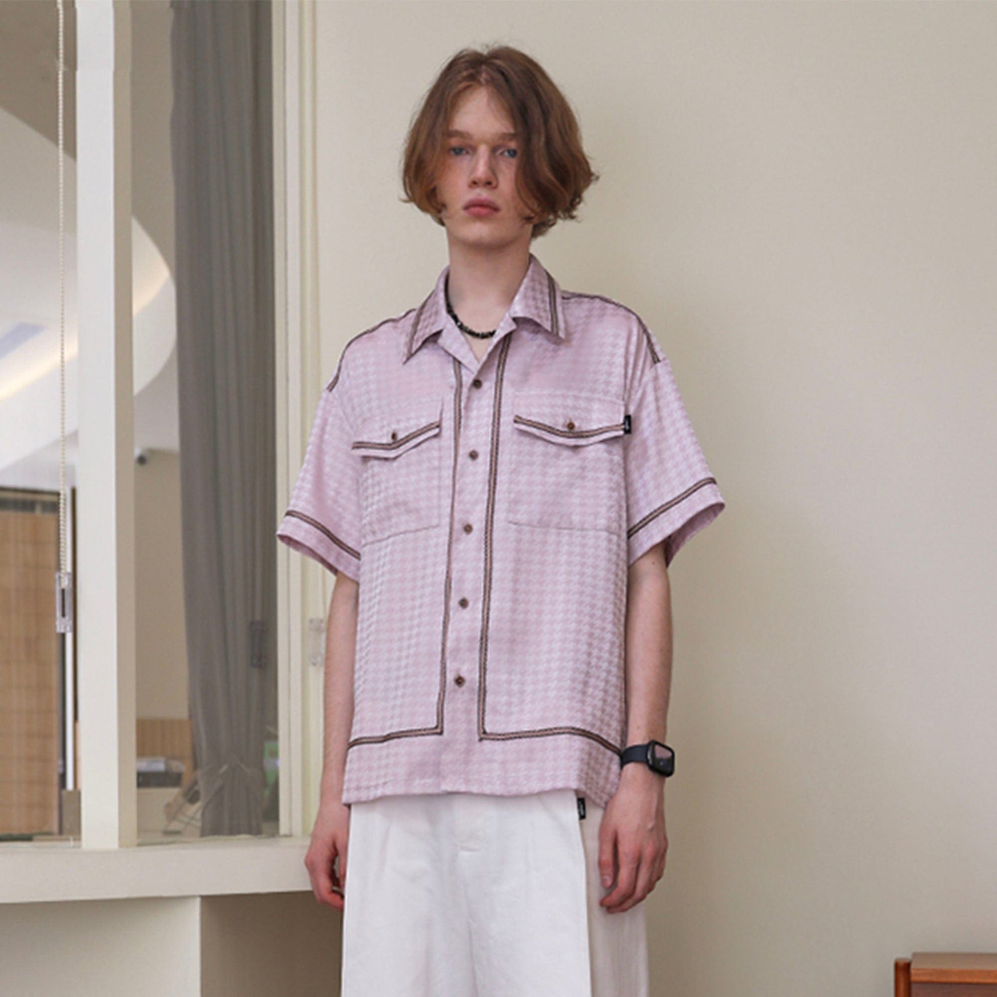 ASSEEN Contrast Piped Glossy Houndstooth Half Shirt-Half shirt-S-Free Shipping Leatheretro