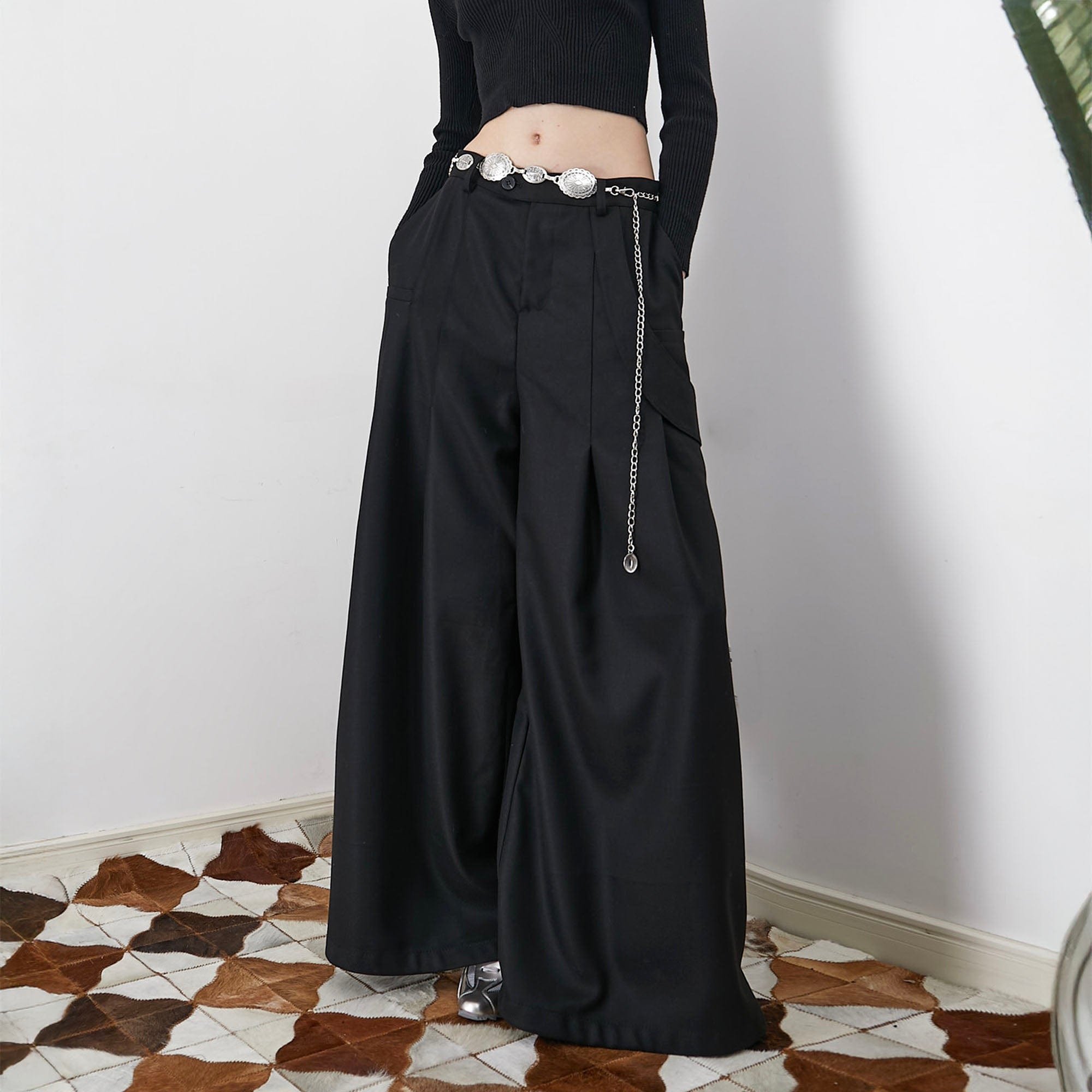 ASSEEN Asymmetrical Tab Pleated Wide-Leg Pants Black-Pants-S-Free Shipping Leatheretro