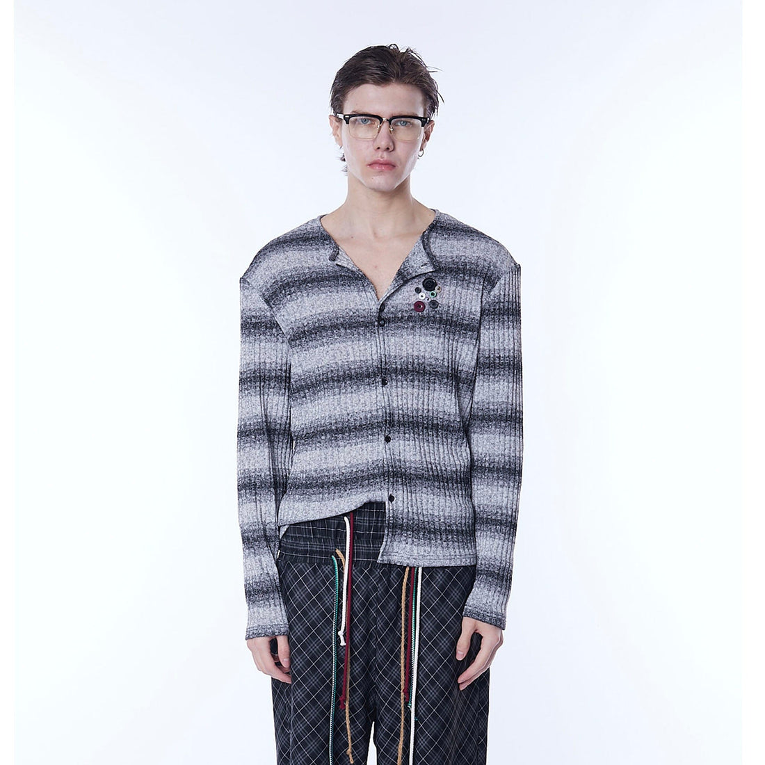 ASSEEN Horizontal Gradient Stripe Button Cardigan Gray-Sweater-S-Free Shipping Leatheretro