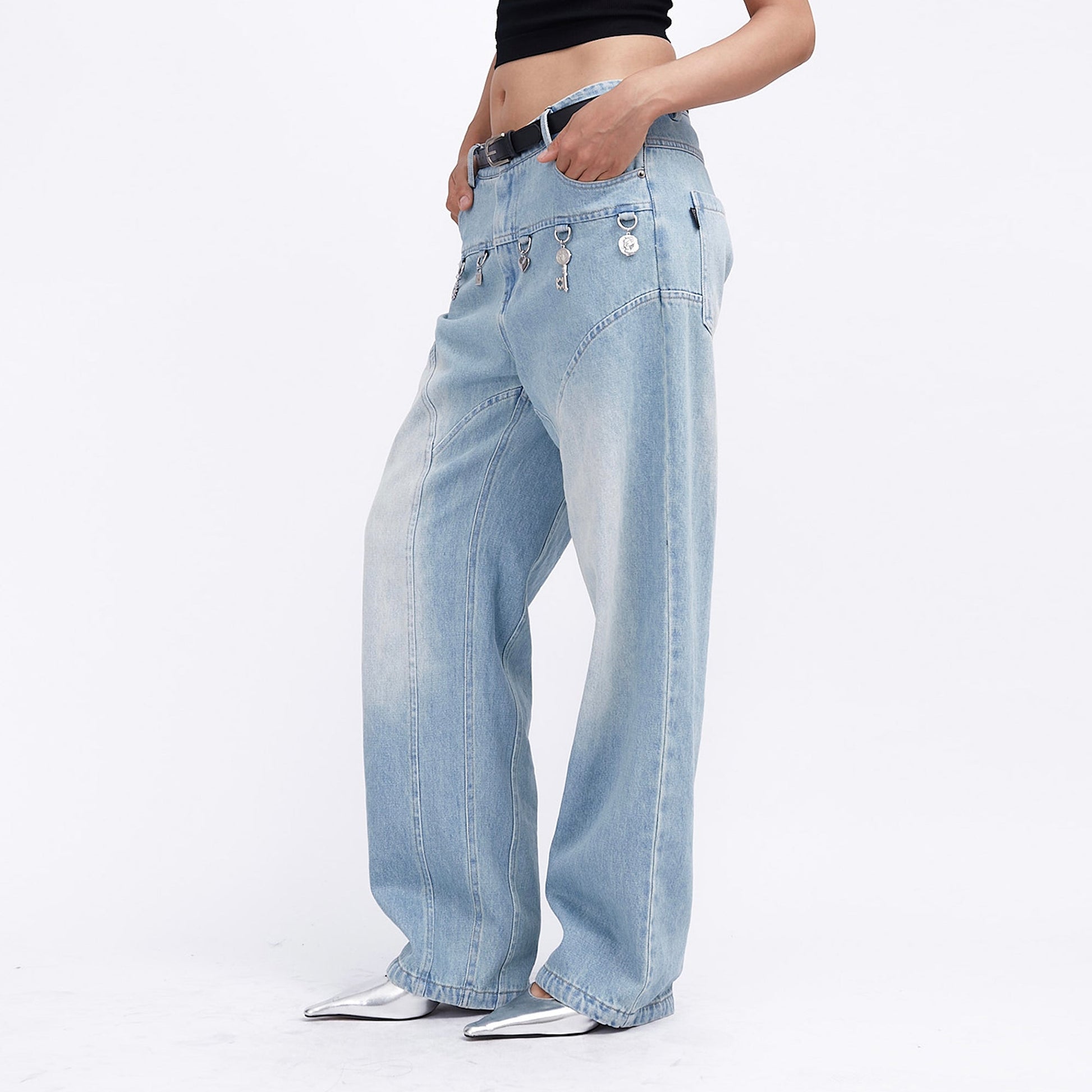 ASSEEN Charm-Trim Washed Paneled Jeans-Jeans-S-Free Shipping Leatheretro