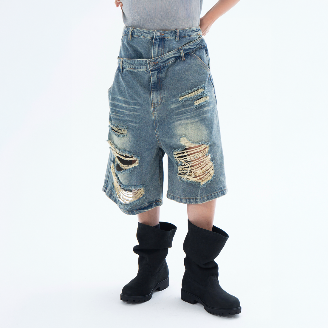 CLP Distressed Double-Waist Denim Shorts-Shorts-M / 31"-Blue-Free Shipping Leatheretro