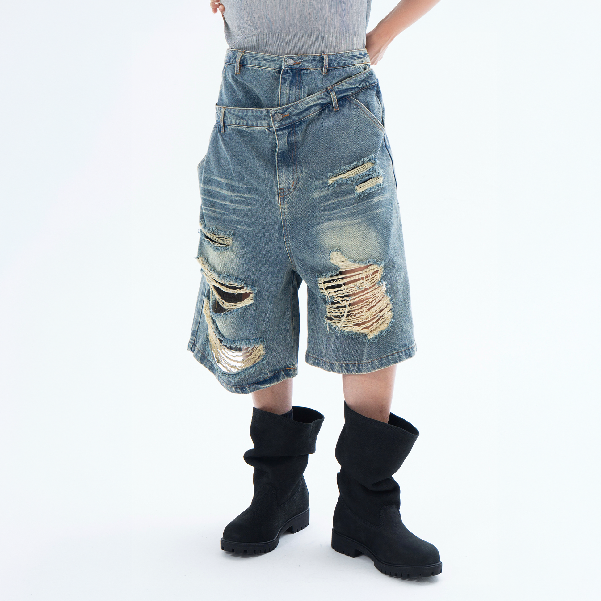 CLP Distressed Double-Waist Denim Shorts-Shorts-M / 31"-Blue-Free Shipping Leatheretro