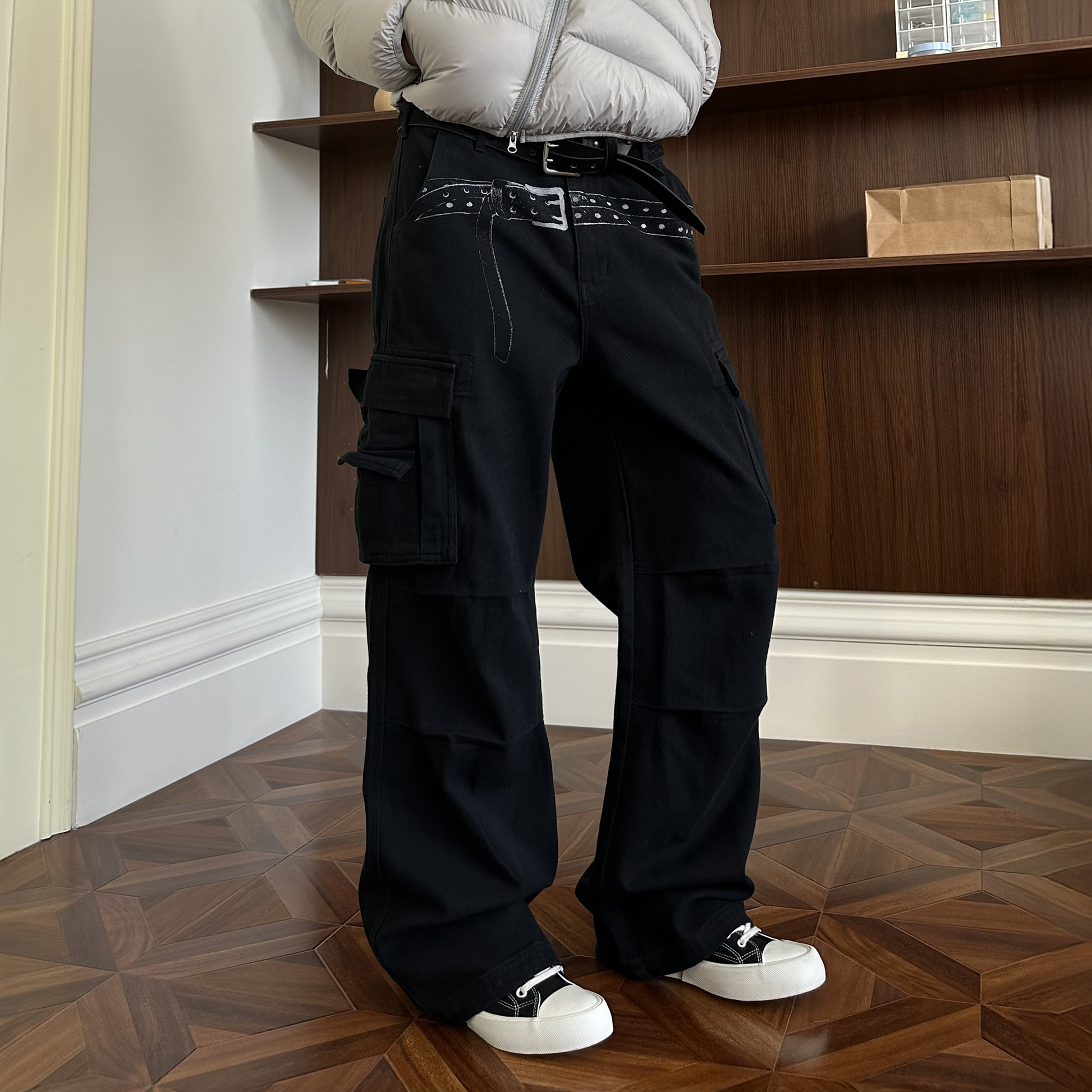 KREATE Washed Belt Graphic Crinkled Cargo Pants-Jeans-S-Blue-Free Shipping Leatheretro