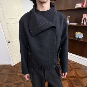 KREATE Asymmetrical Funnel-Neck Wool-Blend Jacket-Jacket-S (Preorder)-Black-Free Shipping Leatheretro