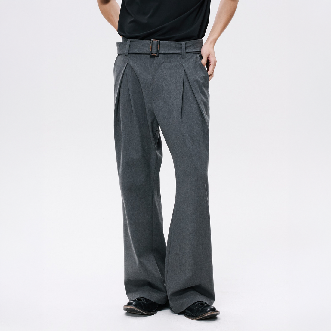 ALVNG AR ANTS Horn Buckle Belted Pleated Trousers-Pants-XS / 28-32"-Gray-Free Shipping Leatheretro