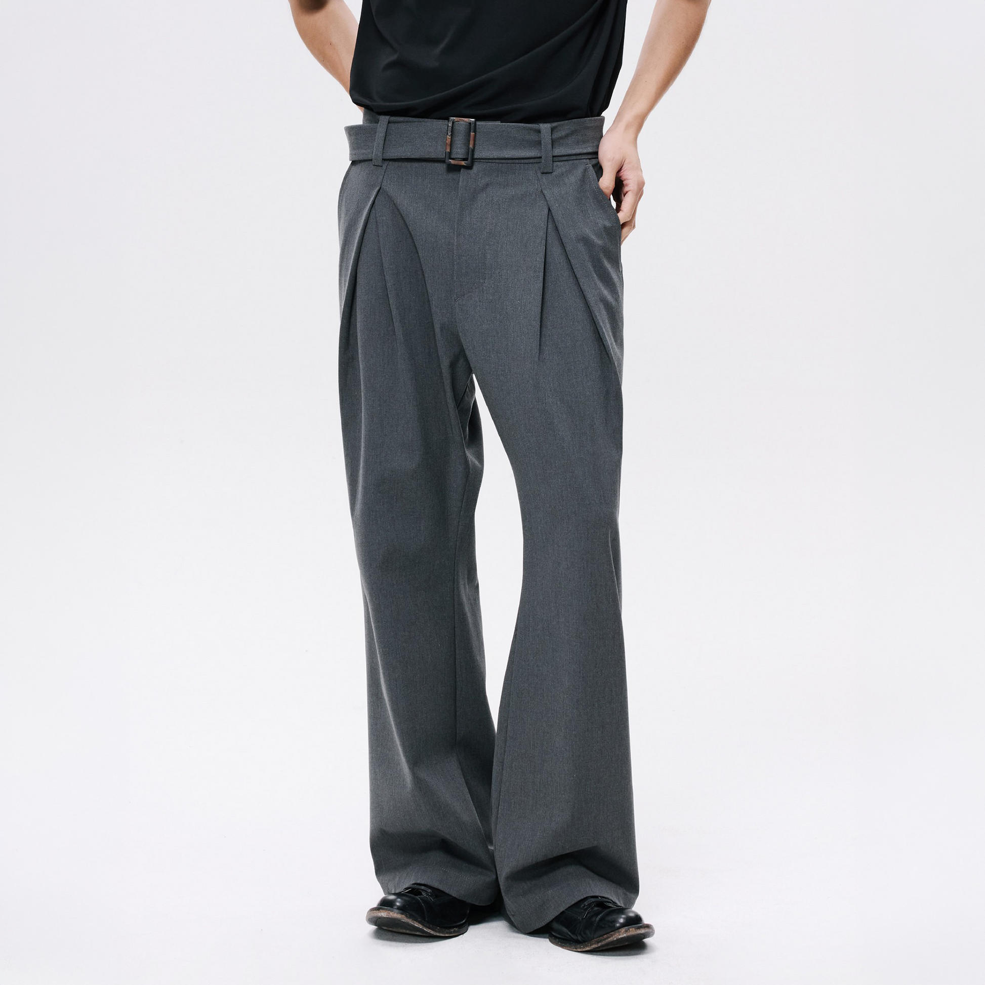 ALVNG AR ANTS Horn Buckle Belted Pleated Trousers-Pants-XS / 28-32"-Gray-Free Shipping Leatheretro