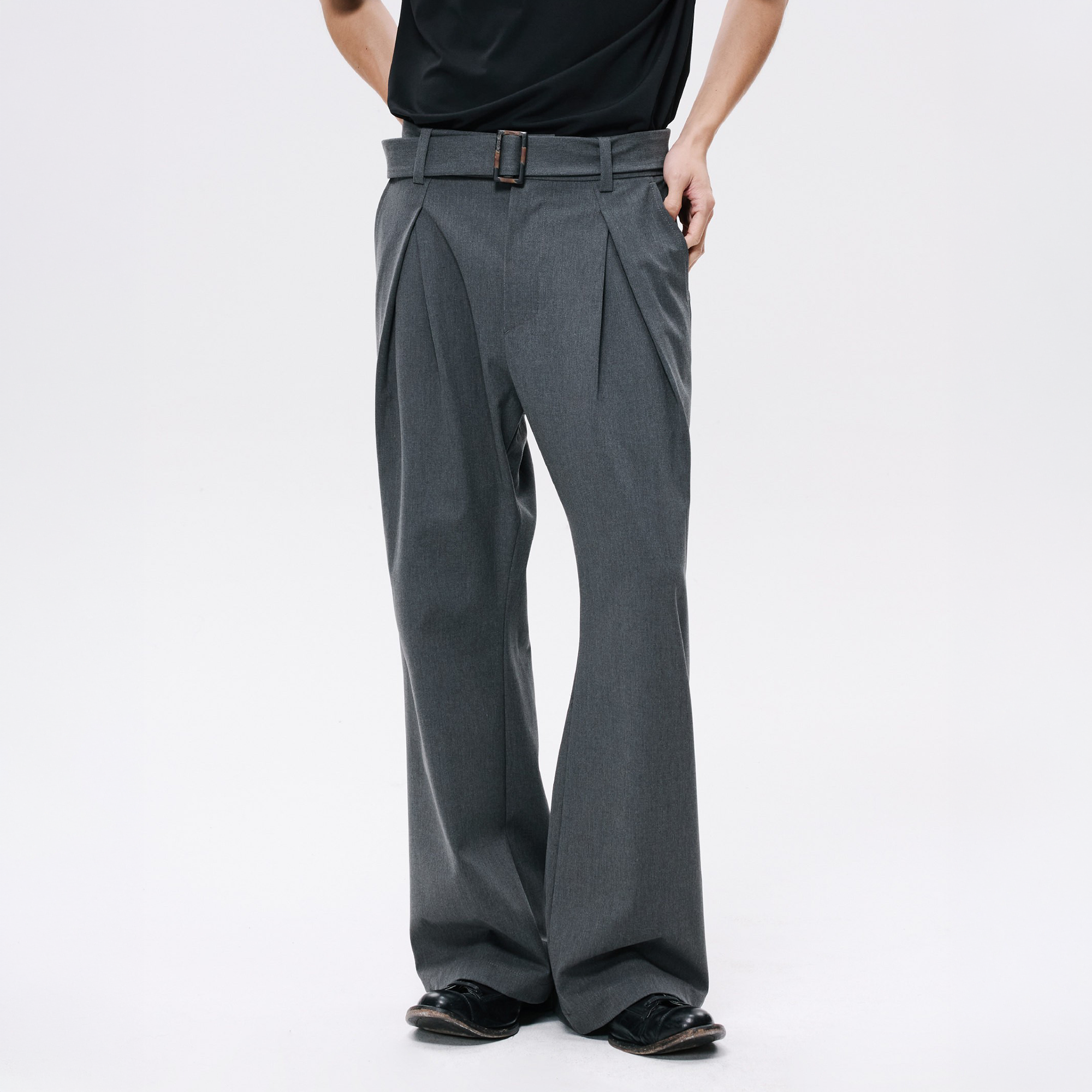 ALVNG AR ANTS Horn Buckle Belted Pleated Trousers-Pants-XS / 28-32"-Gray-Free Shipping Leatheretro