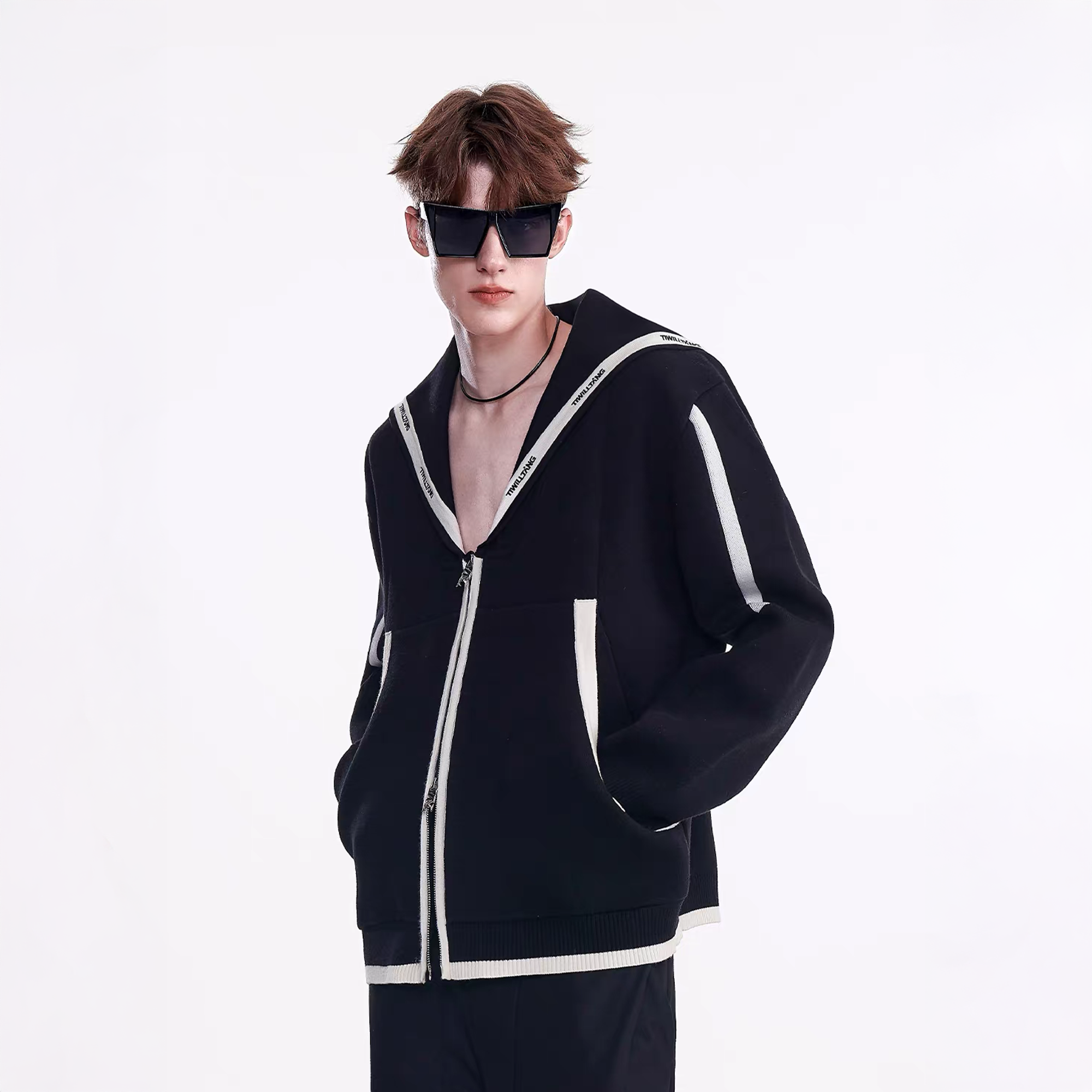 TIWILLTANG Contrast-Trim Sailor-Collar Jacket