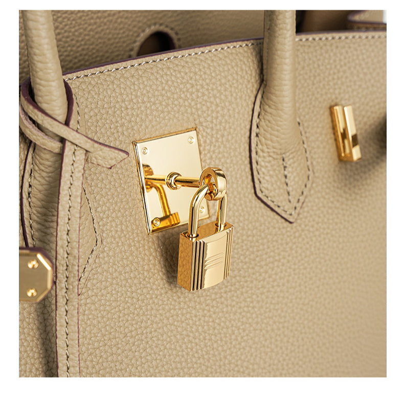 Luxury Genuine Top Grain Pebbled Leather Women's Handbag with Lock Closure-Handbags-elephant gray-35CM-Free Shipping Leatheretro