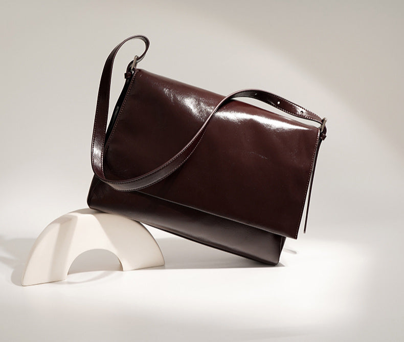 Retro Small Square Bag – Waxed Leather Shoulder Tote, Shiny Crossbody Bag-crossbody bags-black-Free Shipping Leatheretro