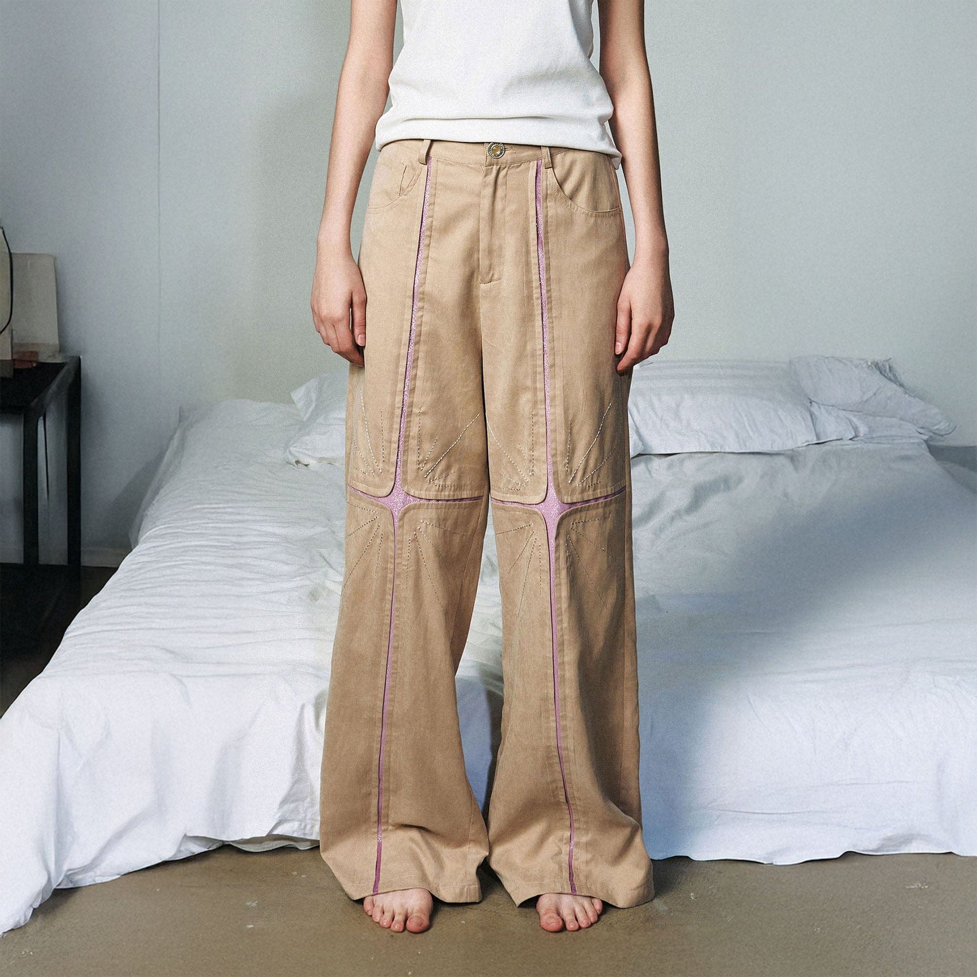 OIPWORD Middle Radiant Star Panel Wide-Leg Pants-Pants-S-Khaki-Free Shipping Leatheretro