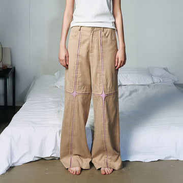 OIPWORD Middle Radiant Star Panel Wide-Leg Pants-Pants-S-Khaki-Free Shipping Leatheretro