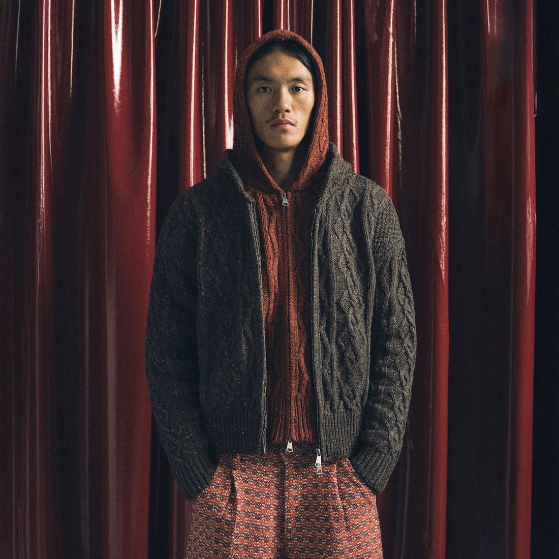 TRECLUB Nep Yarn Cable-Knit Zip-Up Hooded Cardigan-Sweater-S-Free Shipping Leatheretro