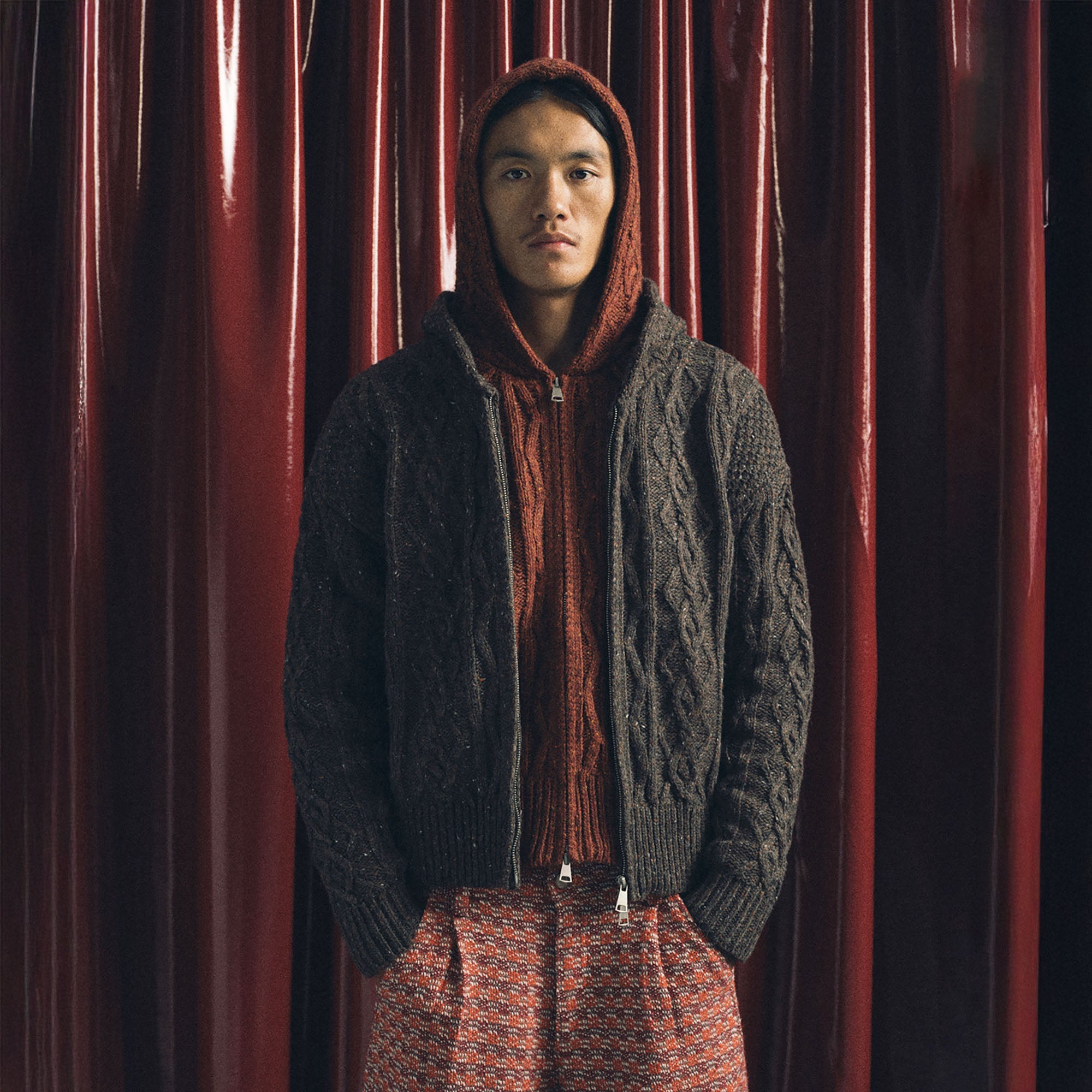 TRECLUB Nep Yarn Cable-Knit Zip-Up Hooded Cardigan-Sweater-S-Free Shipping Leatheretro