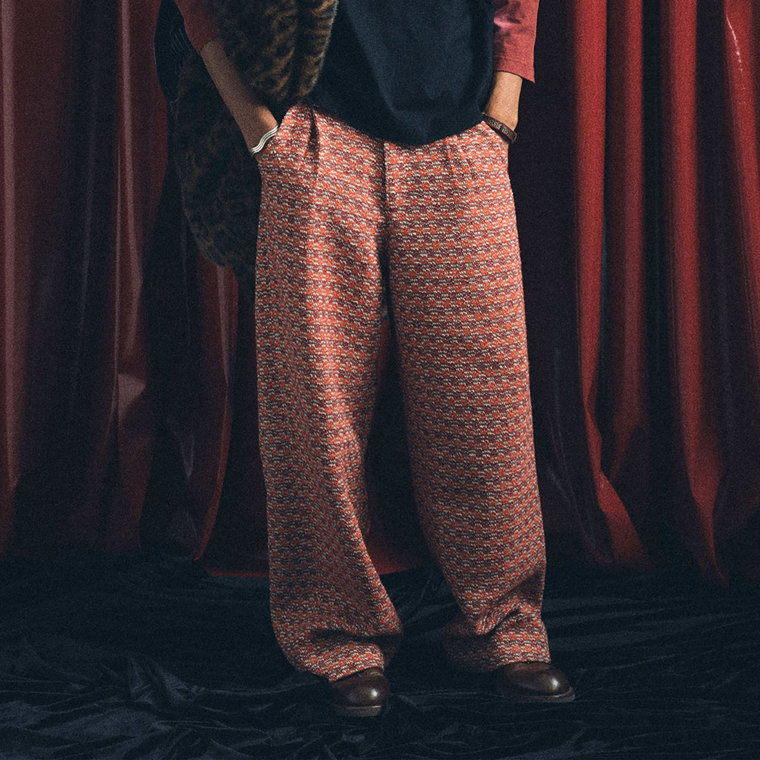 TRECLUB Tweed PU Pocket Straight-Leg Pants-Pants-S-Free Shipping Leatheretro