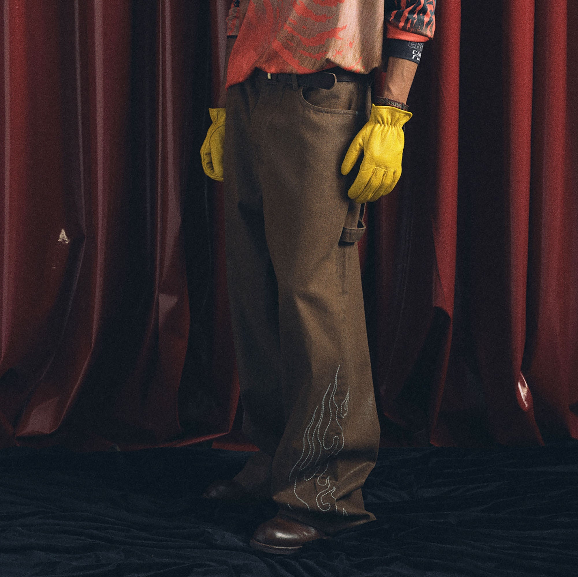 TRECLUB Waxed Flame Embroidery Jeans-Jeans-S-Free Shipping Leatheretro