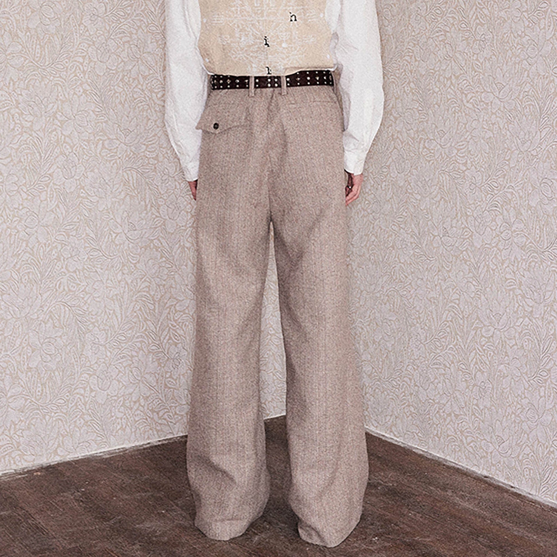 RICHILL Herringbone Hebrew Embroidery Wool-Blended Trousers-Pants-XS-Free Shipping Leatheretro