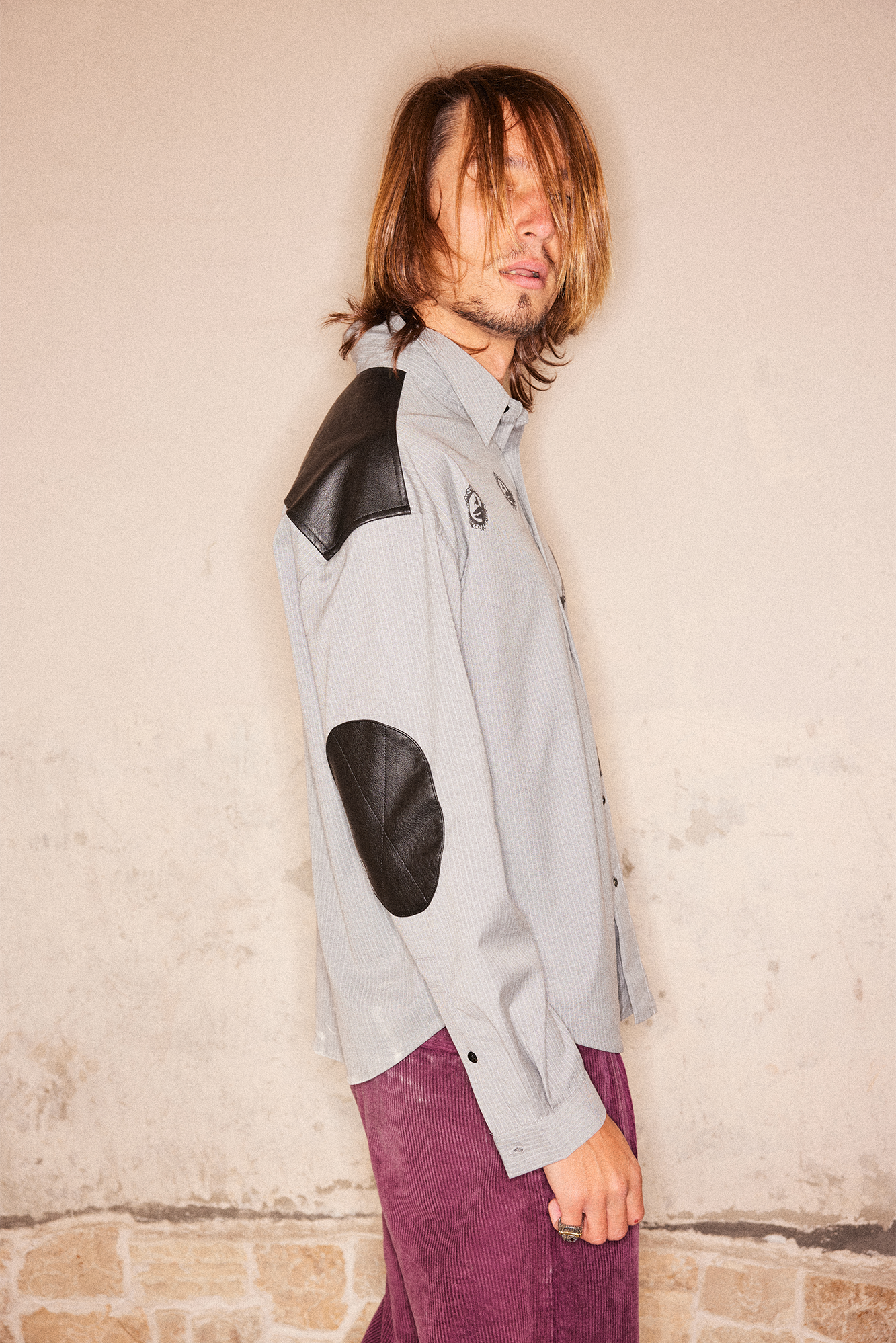 RICHILL Faux Leather Panel Portrait Graphic Stripe Shirt-Shirt-S-Free Shipping Leatheretro