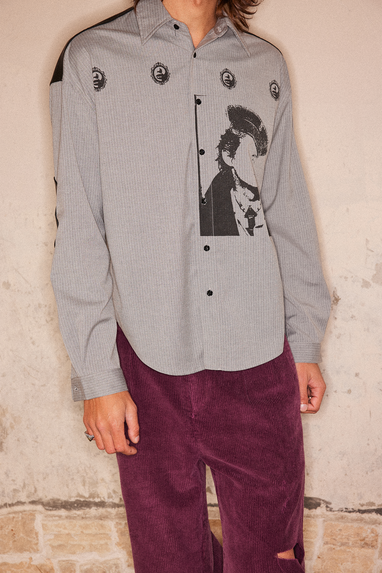 RICHILL Faux Leather Panel Portrait Graphic Stripe Shirt-Shirt-S-Free Shipping Leatheretro