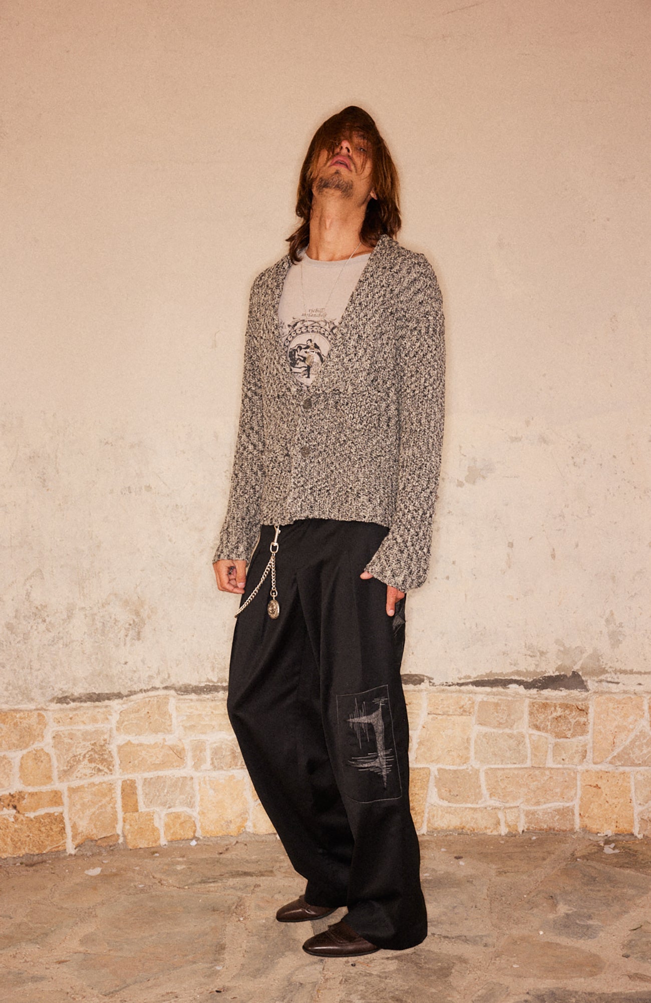 RICHILL Abstract Stitch Patch Wide-Leg Wool Trousers-Pants-S-Free Shipping Leatheretro